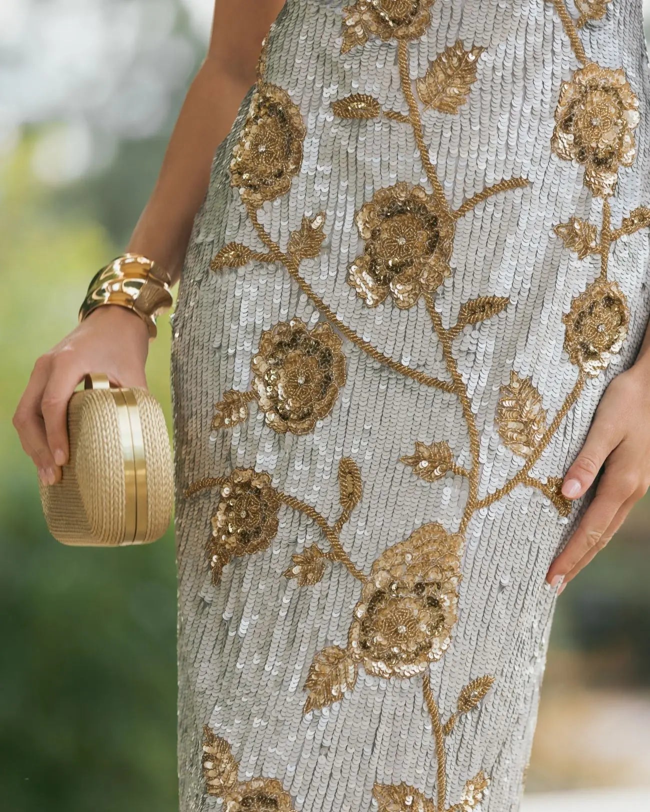 Silver Sleeveless Sequin Dress With Gold Floral Detail