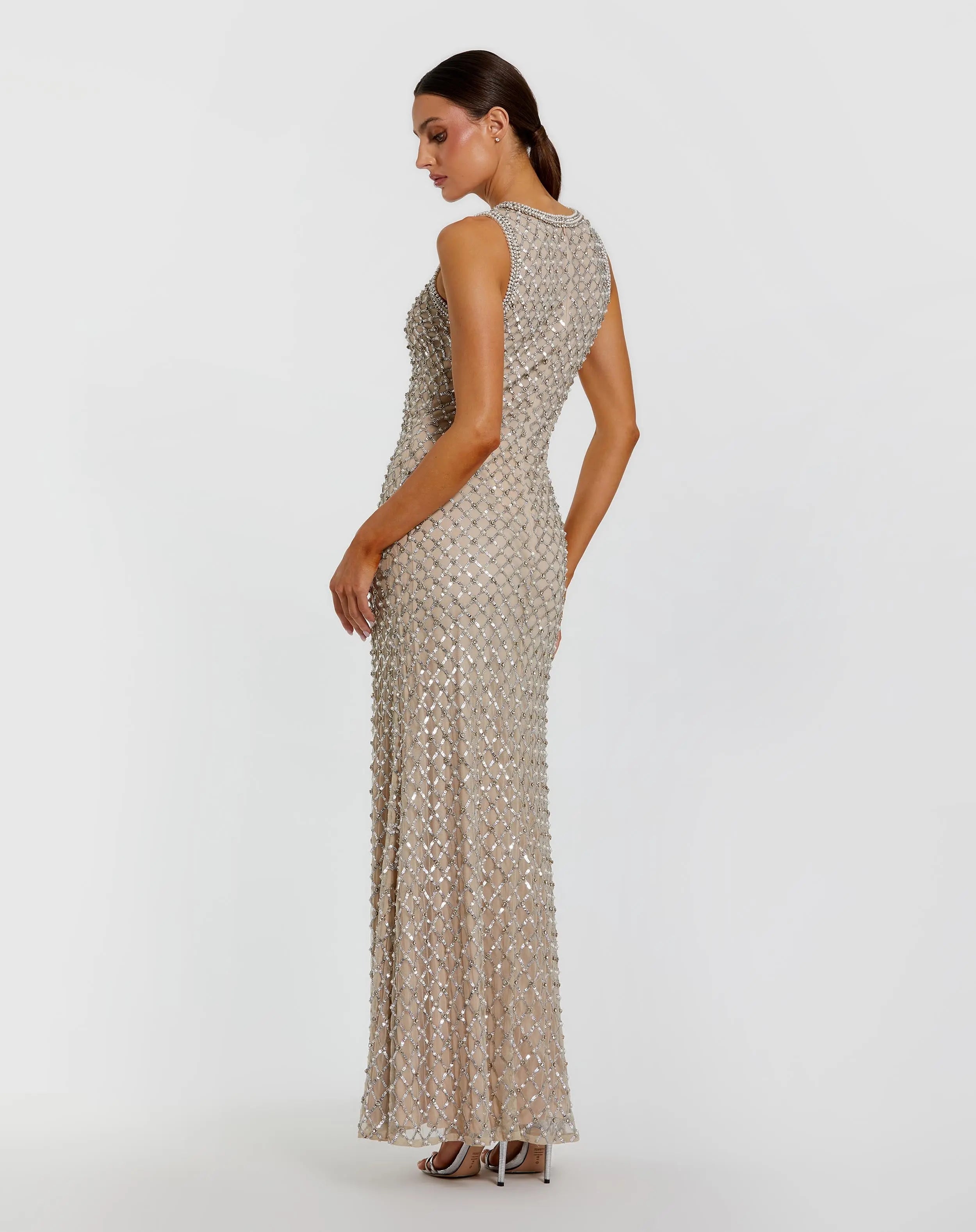 Beige Embellished High Neck Column Gown