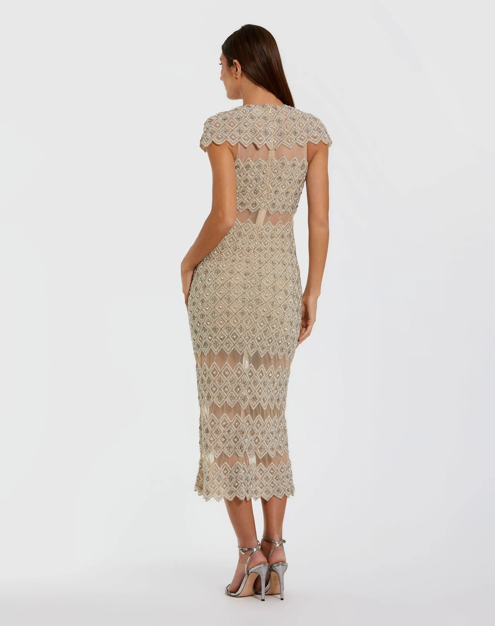 Beige Embellished Mesh Fitted Midi Dress With Sheer Panels