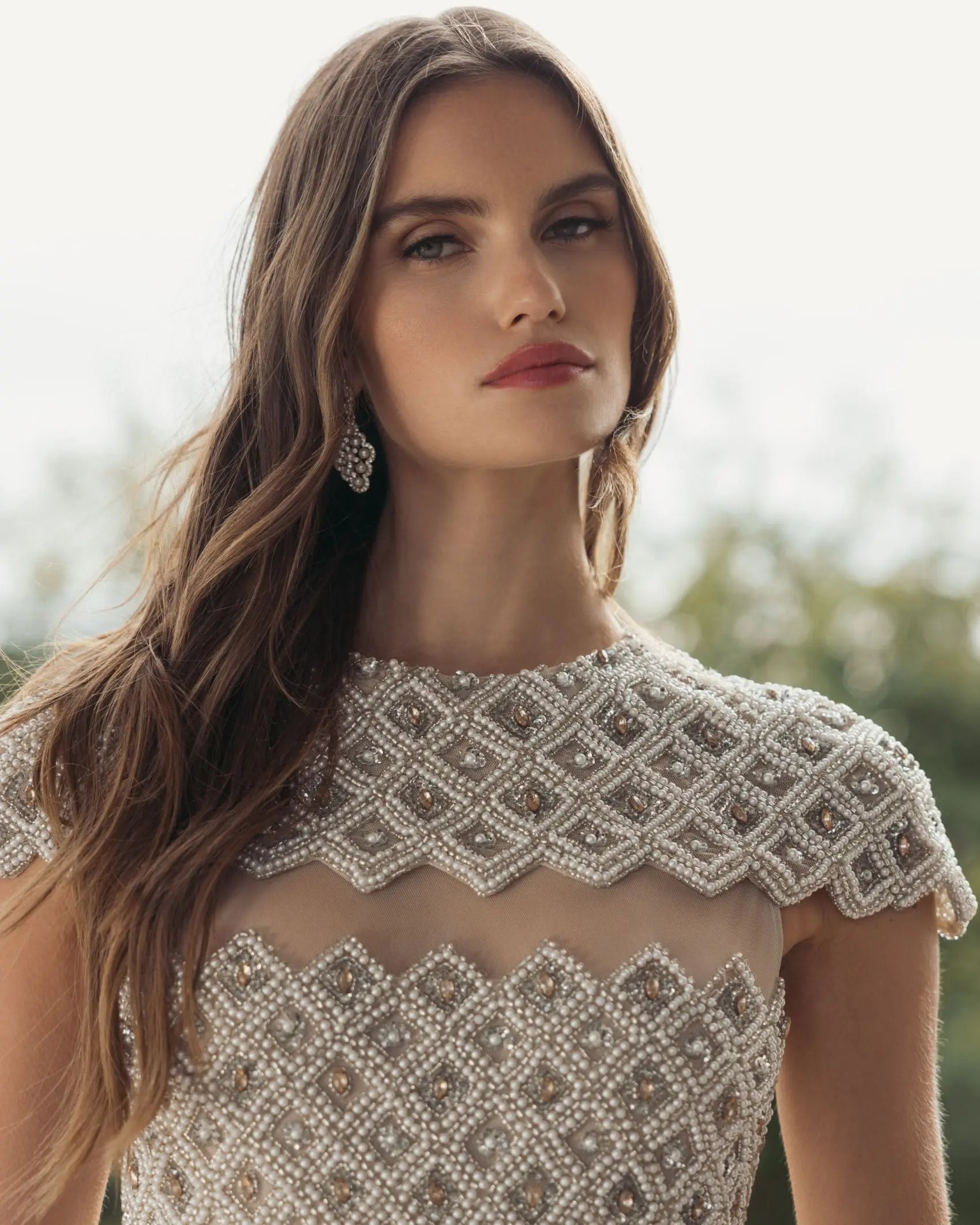 Beige Embellished Mesh Fitted Midi Dress With Sheer Panels