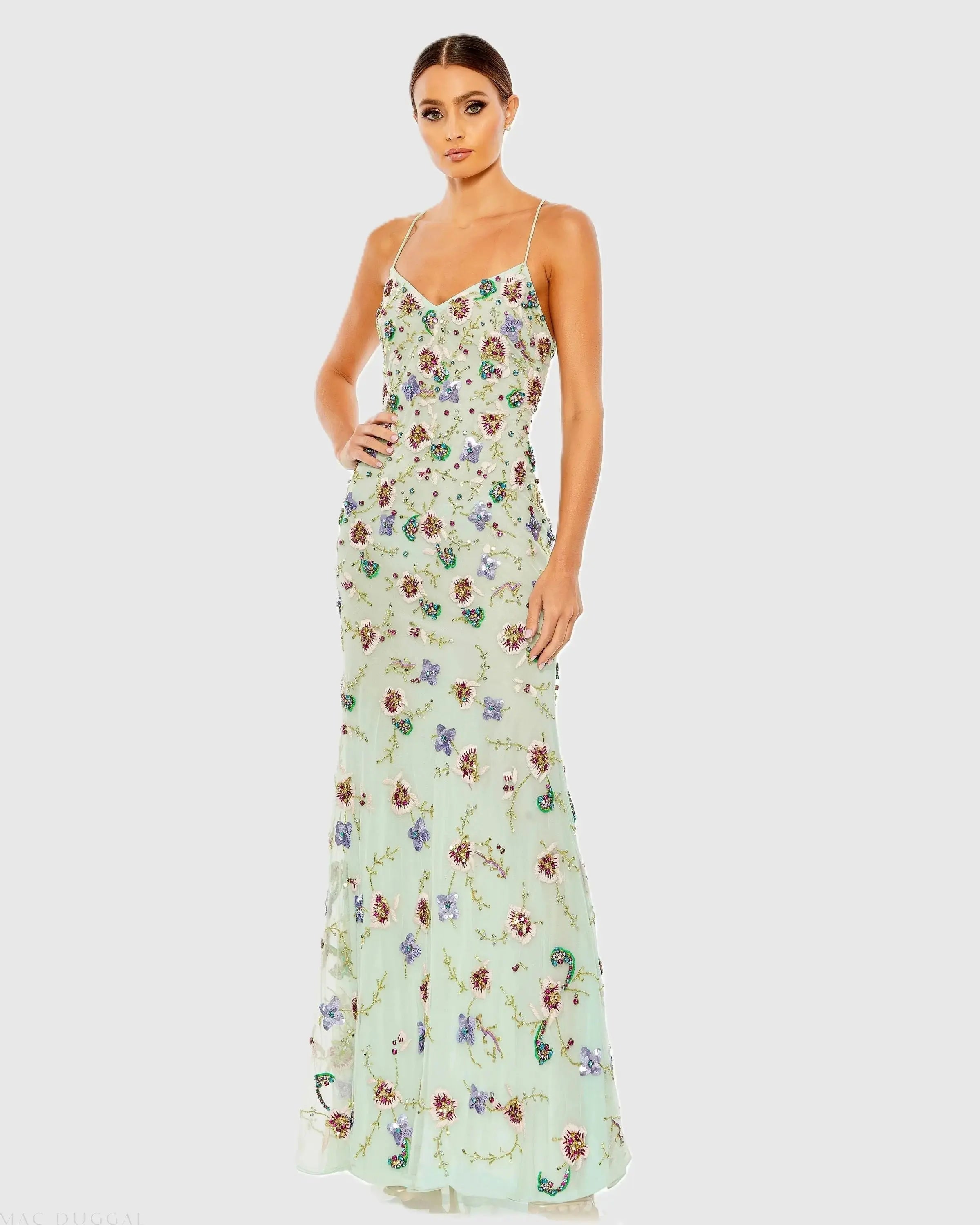 Green Embellished Spaghetti Strap Lace Up Gown