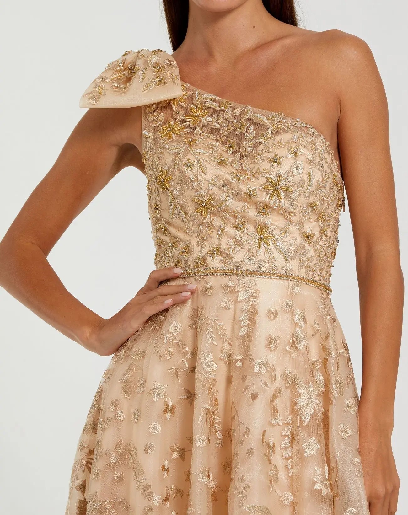 Beige Embellished Bow One Shoulder A Line Gown