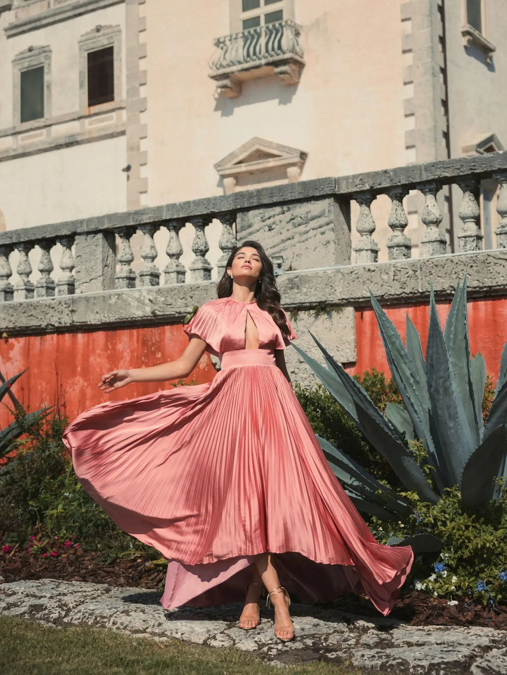 Pink Front Cutout High Low Pleated Gown