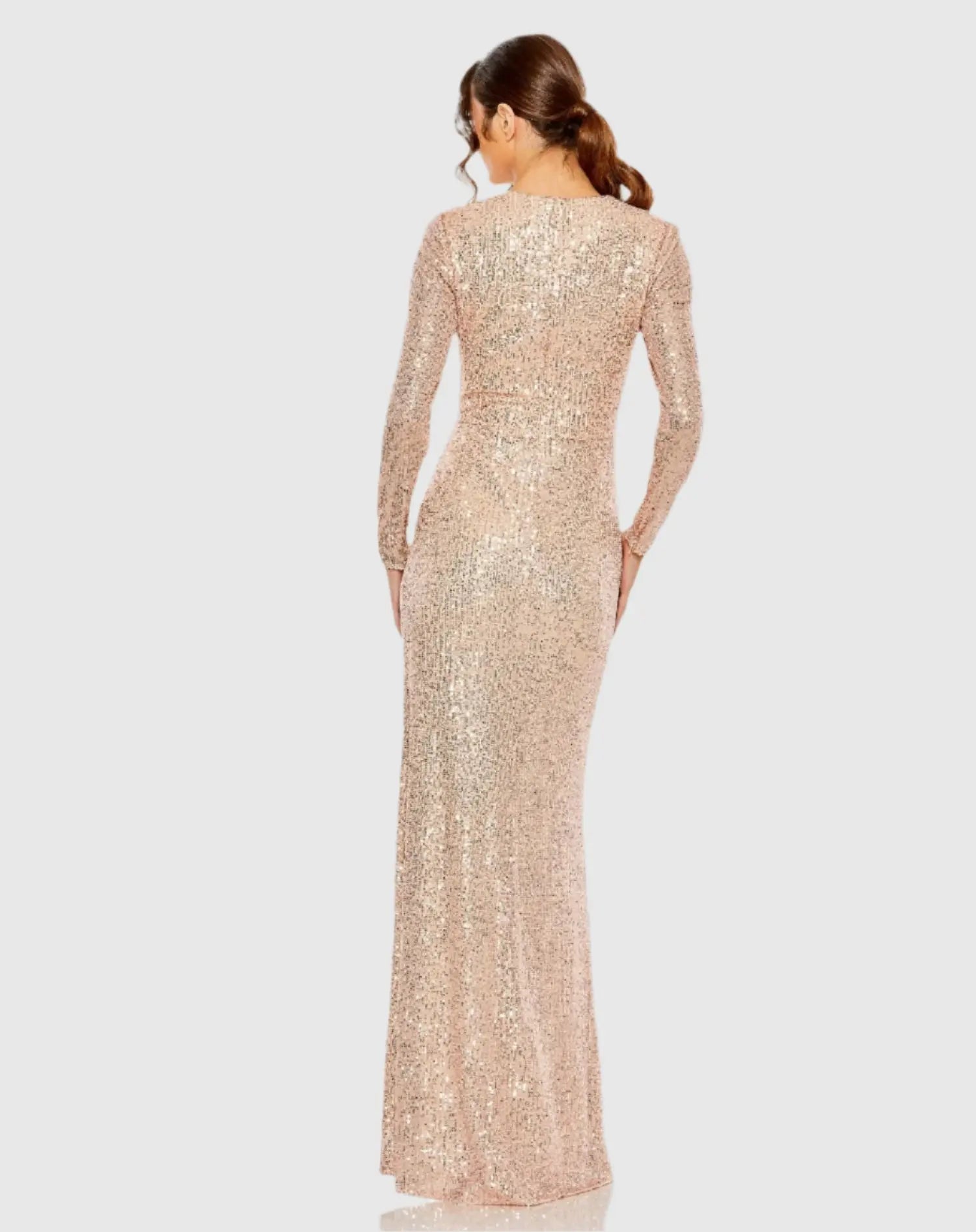 Light Pink Sequined Side Knot Long Sleeve Gown