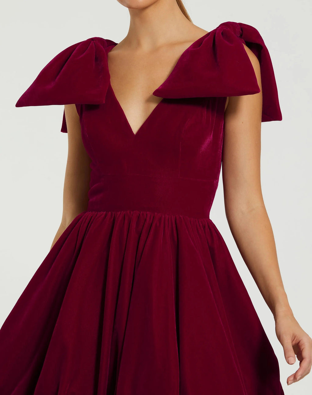 Red Velvet Shoulder Bow Bubble Mini Dress