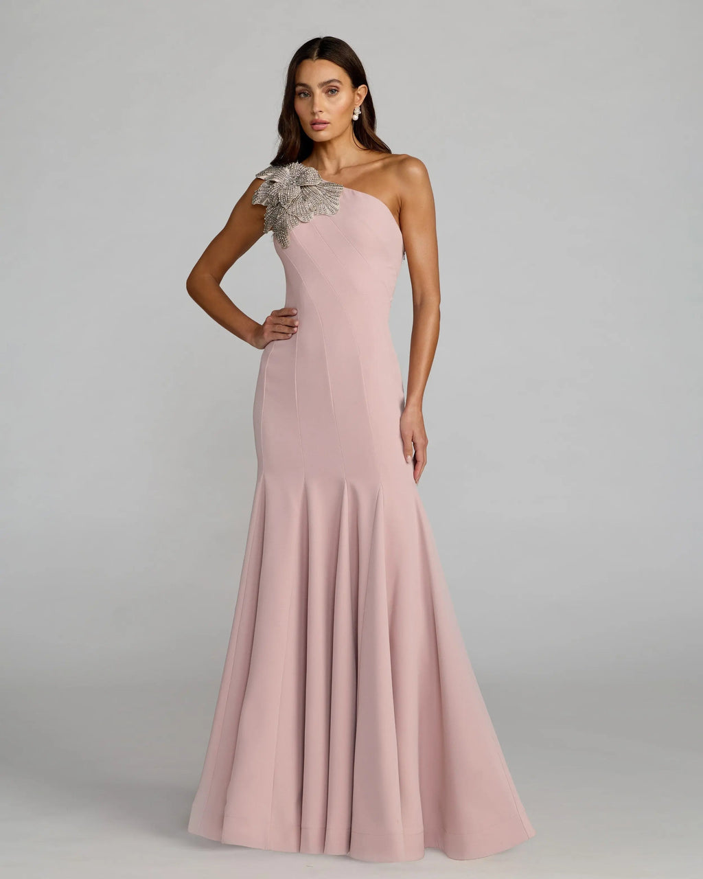 Pink Crepe One Shoulder Gown With Crystal Flower