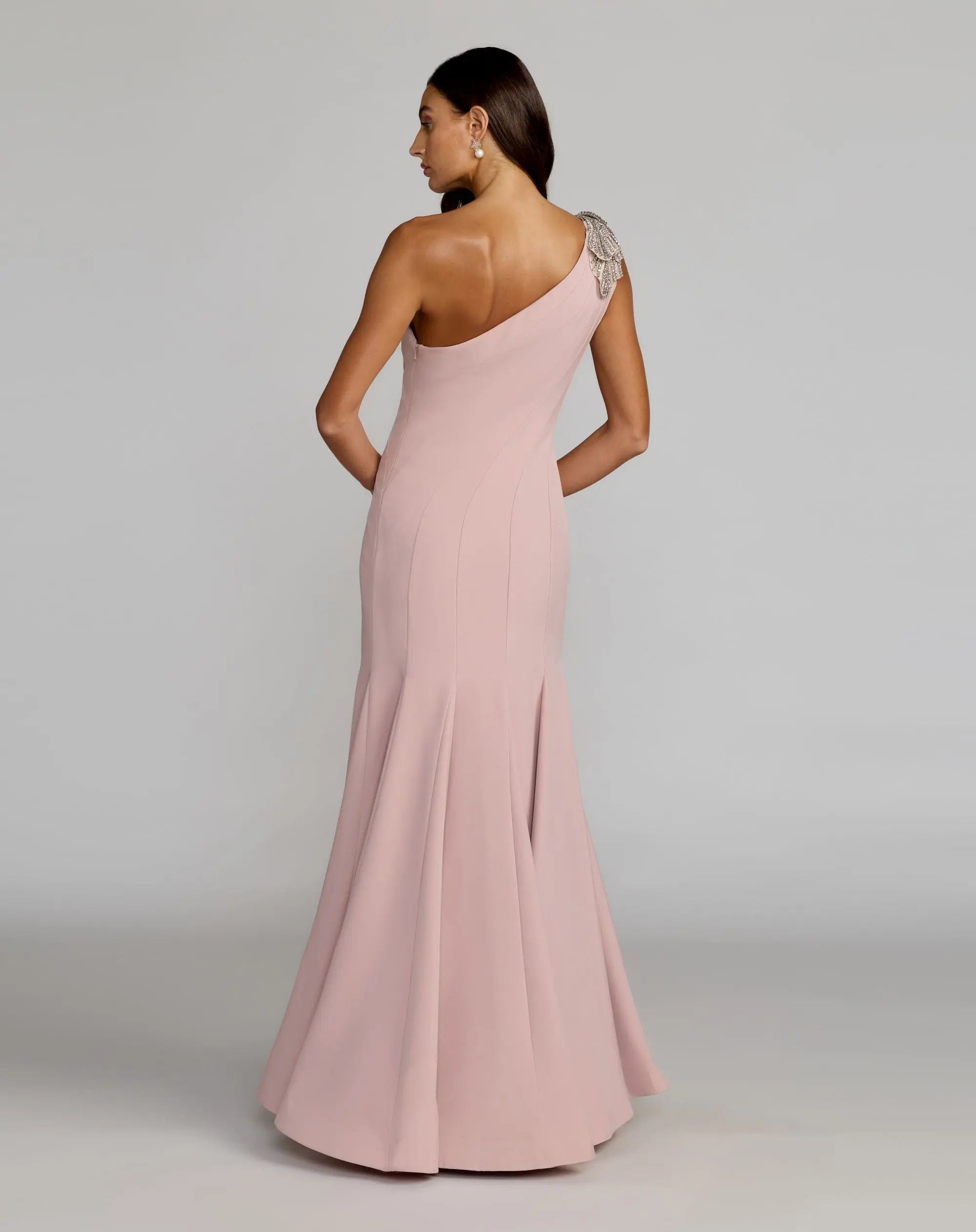 Pink Crepe One Shoulder Gown With Crystal Flower