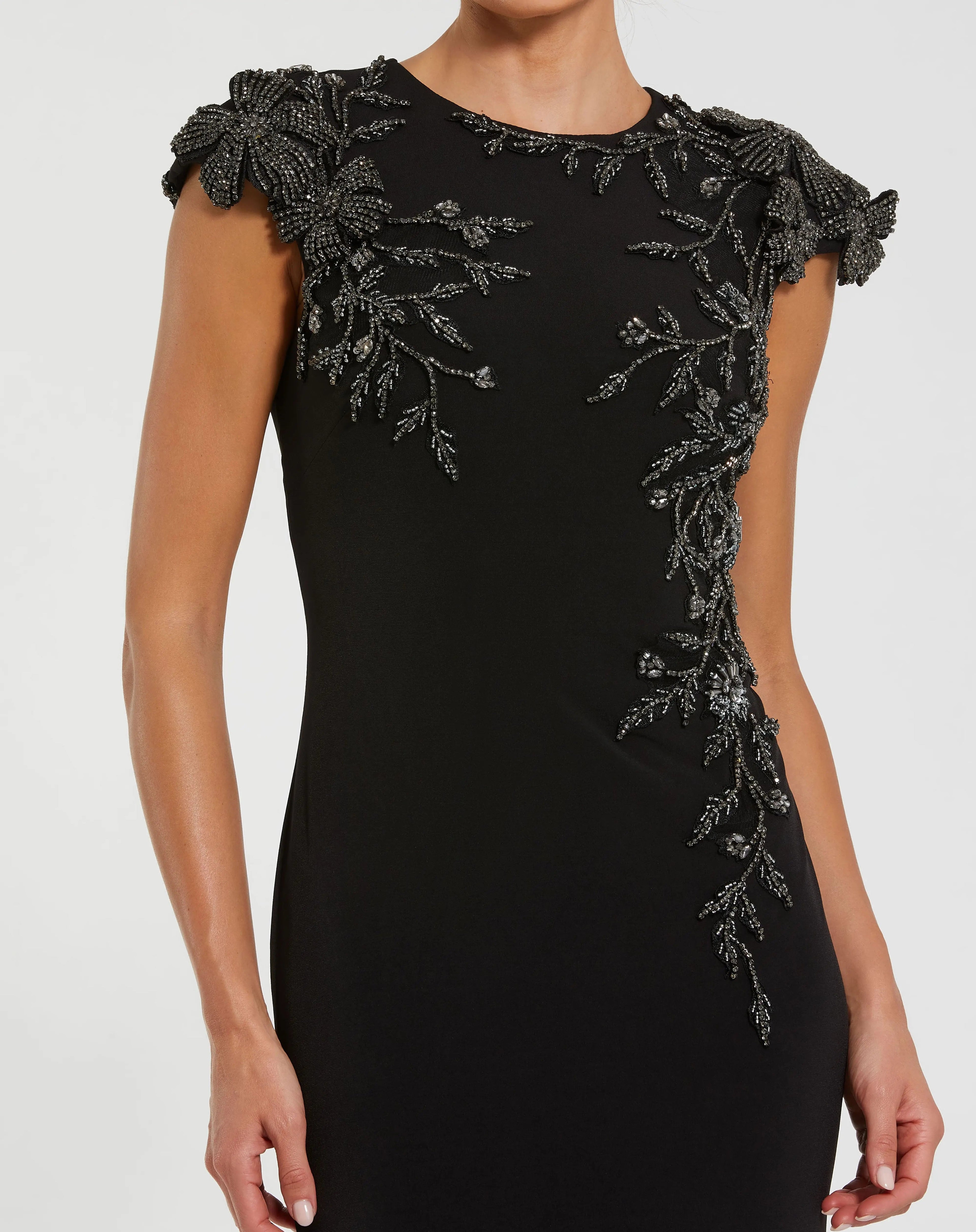 Black Cap Sleeve Jersey Column Gown With Beaded Flowers