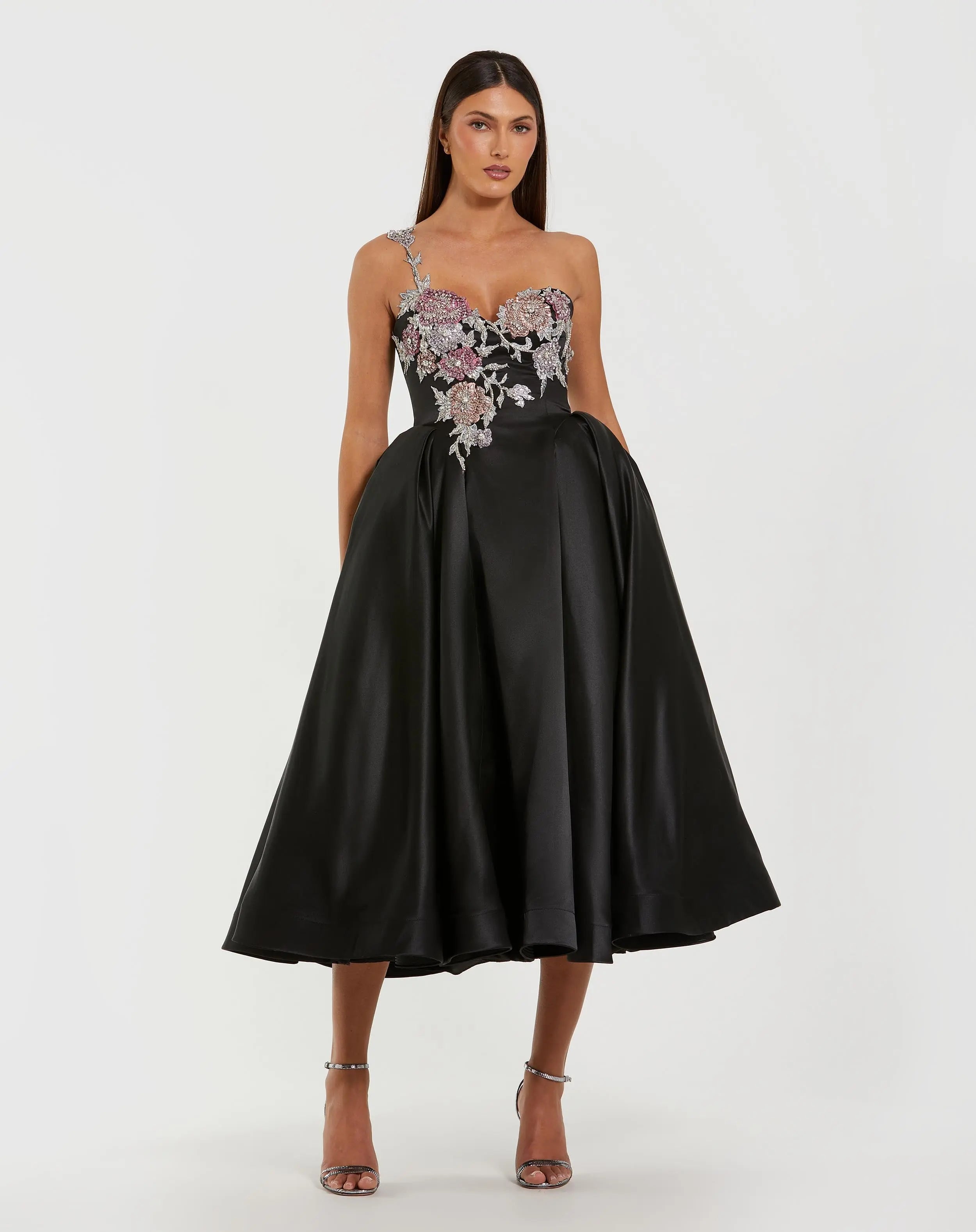 Black One Shoulder Satin Midi Dress With Beaded Flowers