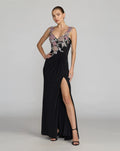 Black Sweetheart Jersey Gown With Beaded Flowers