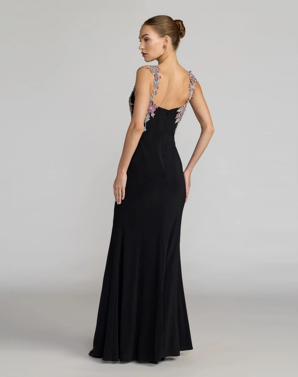Black Sweetheart Jersey Gown With Beaded Flowers