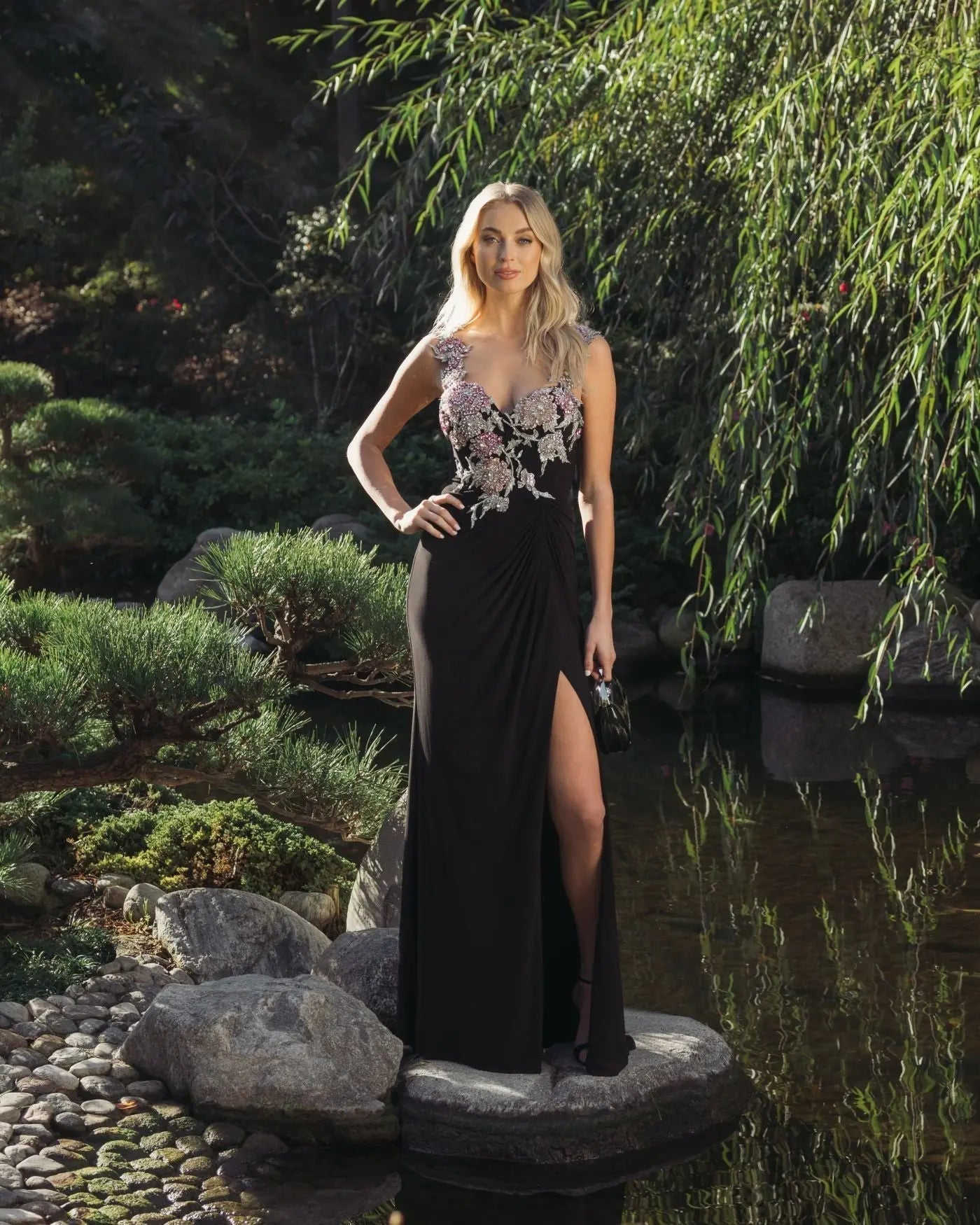 Black Sweetheart Jersey Gown With Beaded Flowers