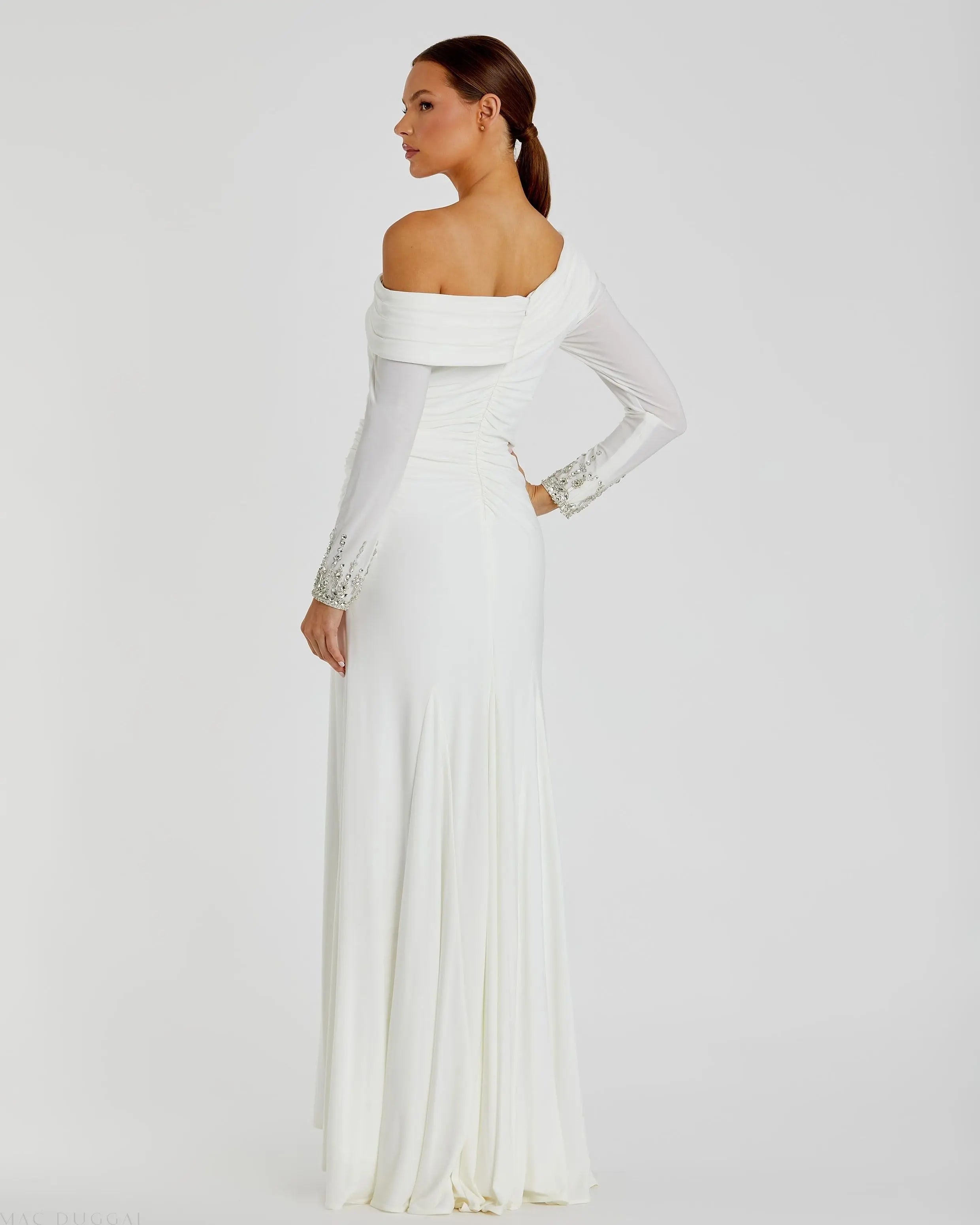 White Beaded Cuff Drop Shoulder Faux Wrap Gown - FINAL SALE