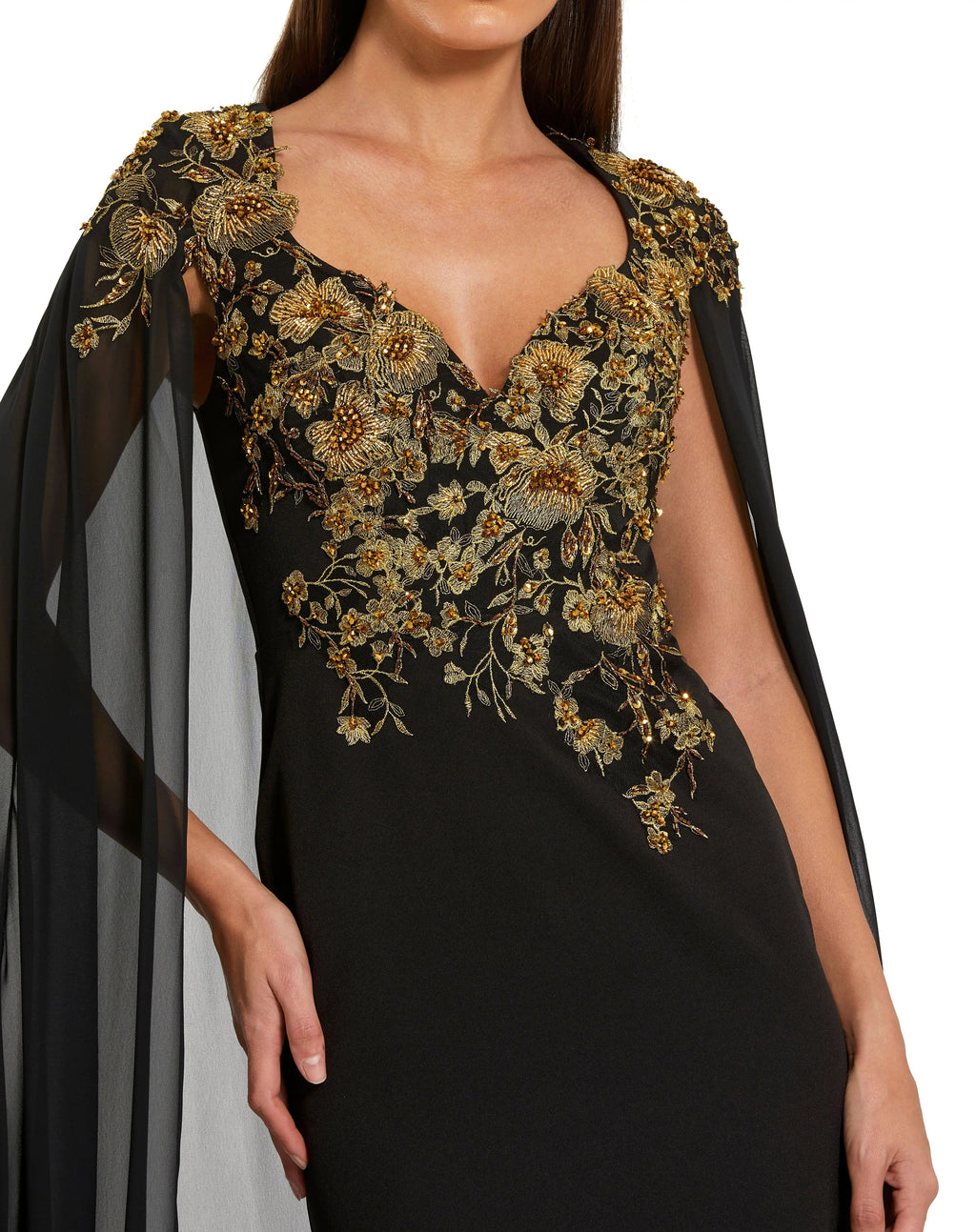 Black and Gold Embellished Column Gown with Chiffon Cape Sleeves