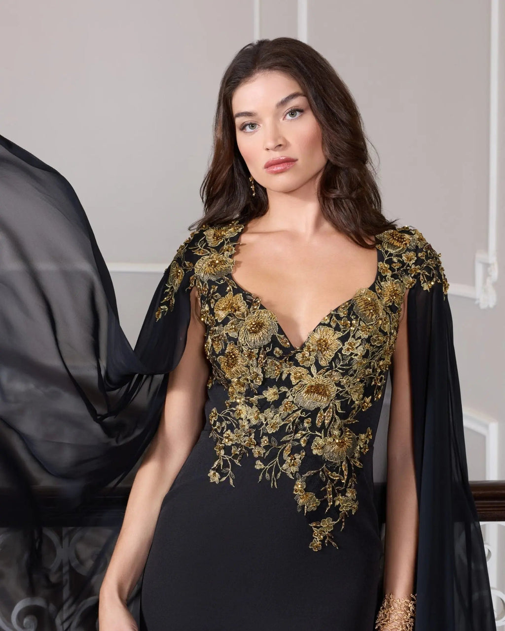 Black and Gold Embellished Column Gown with Chiffon Cape Sleeves