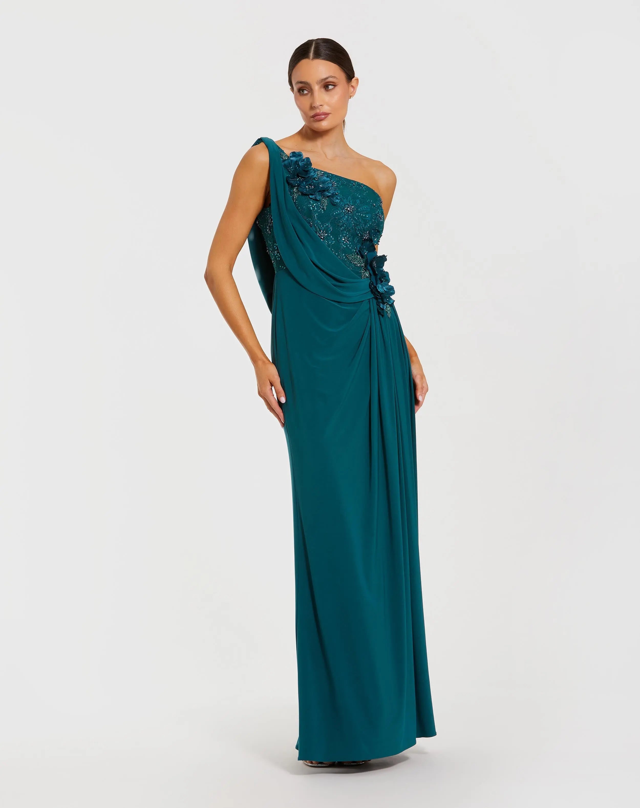 Teal One Shoulder Draped Jersey Gown With 3D Flowers