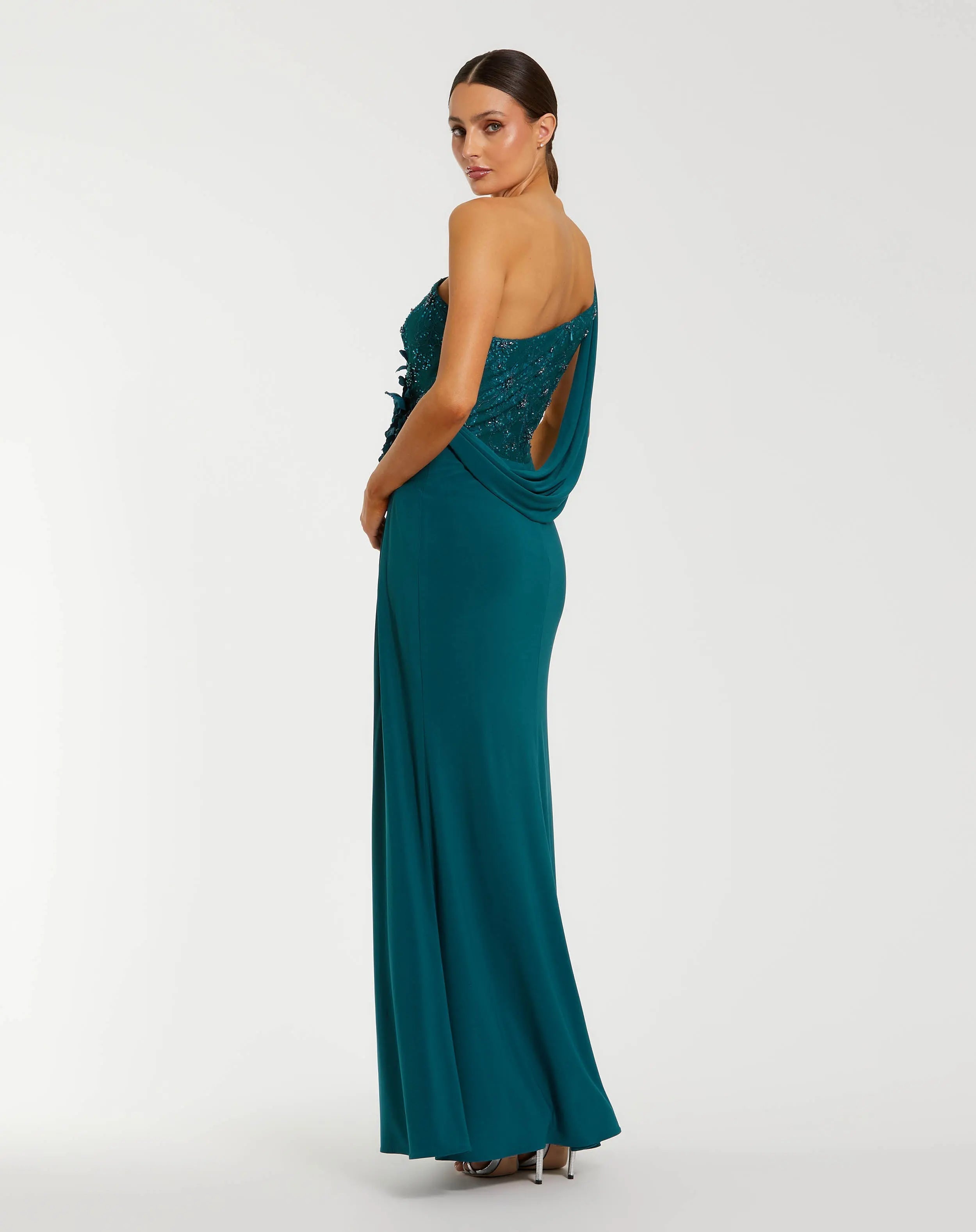 Teal One Shoulder Draped Jersey Gown With 3D Flowers