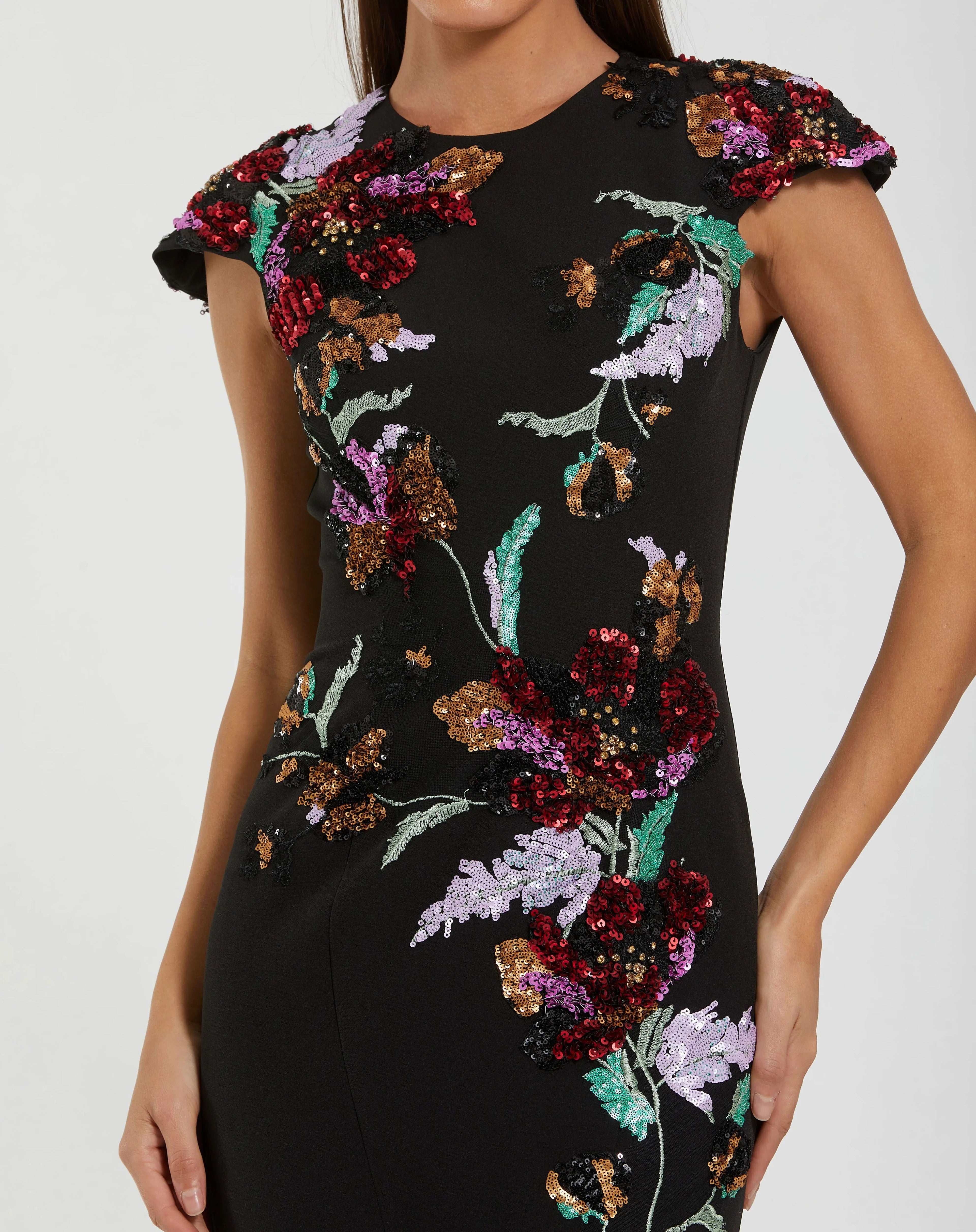 Black Floral Sequin Embellished Trumpet Gown