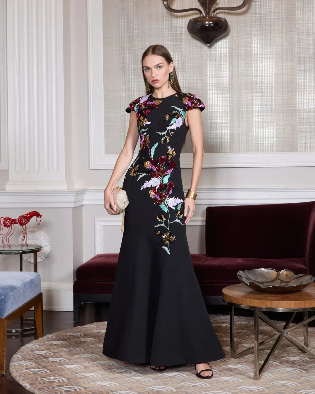 Black Floral Sequin Embellished Trumpet Gown