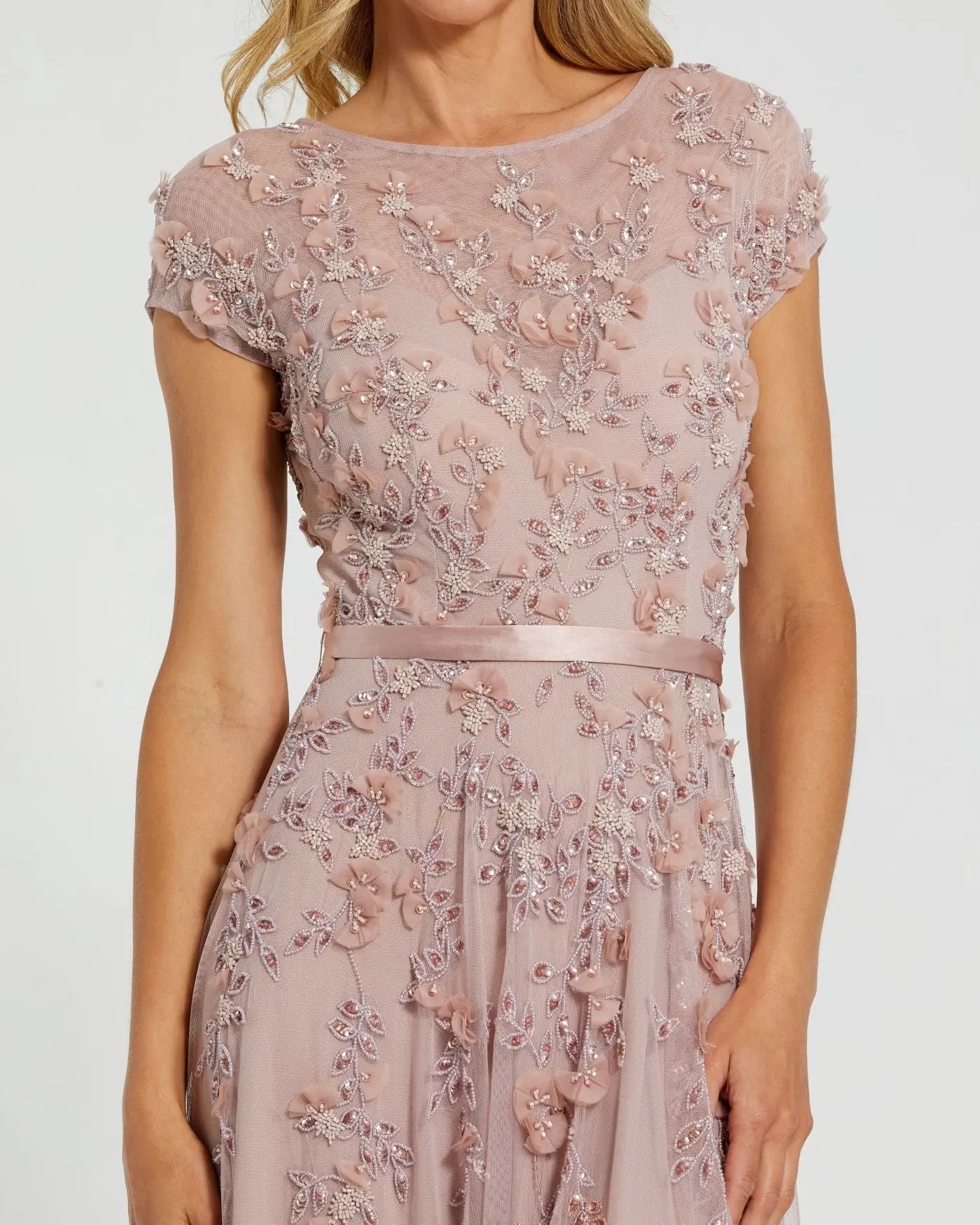 Pink Floral Embellished Cap Sleeve Gown