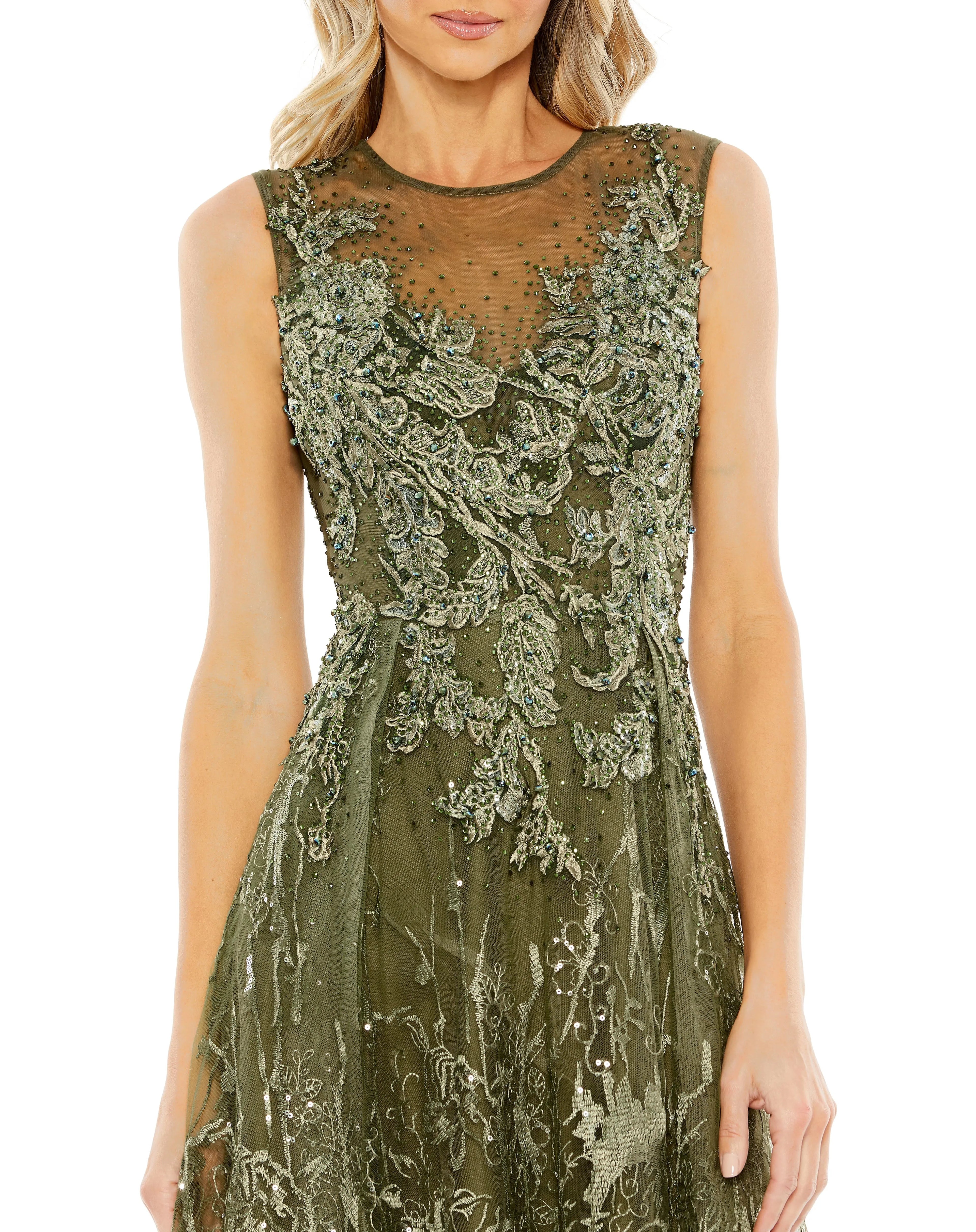 Green Embellished Embroidered Sleeveless A Line Gown