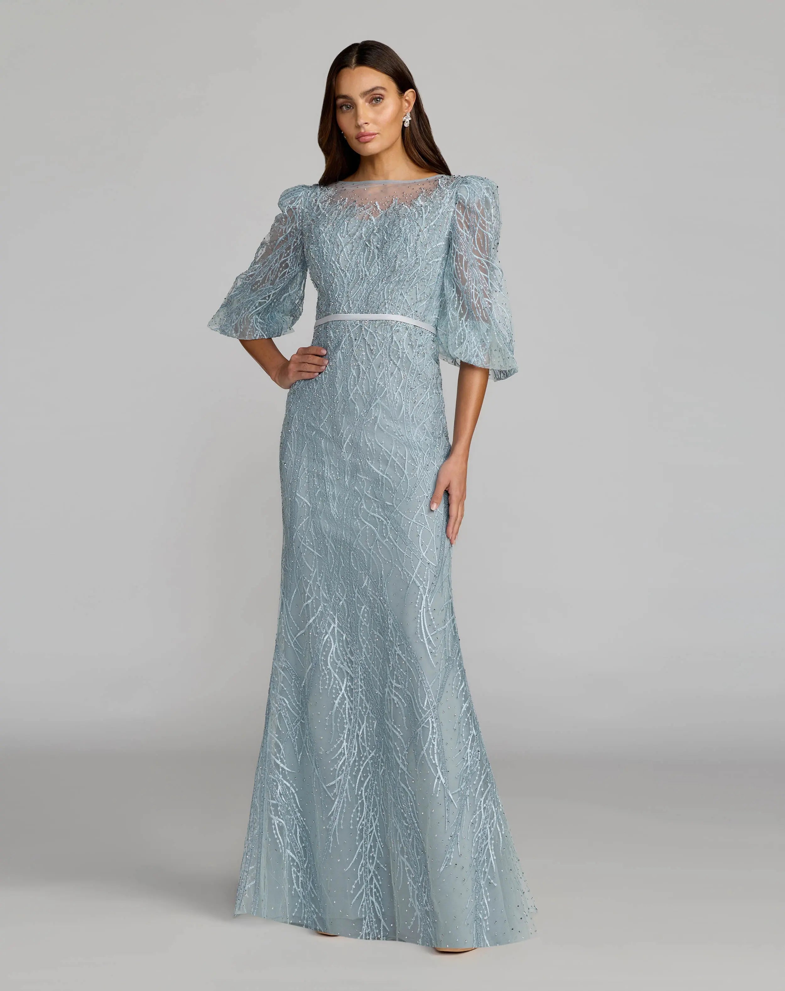 Blue Embroidered Boat Neck Puff Sleeve Gown