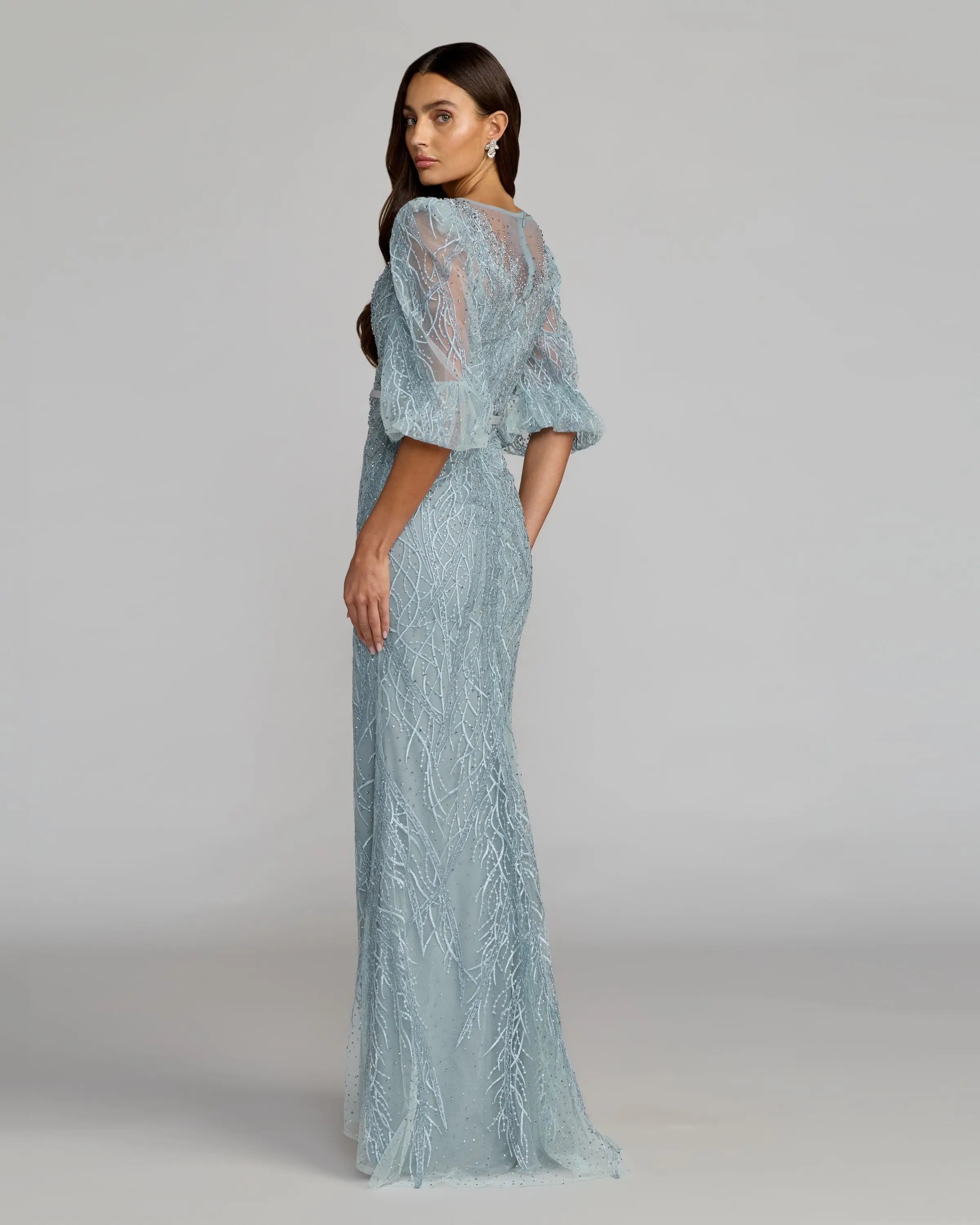 Blue Embroidered Boat Neck Puff Sleeve Gown