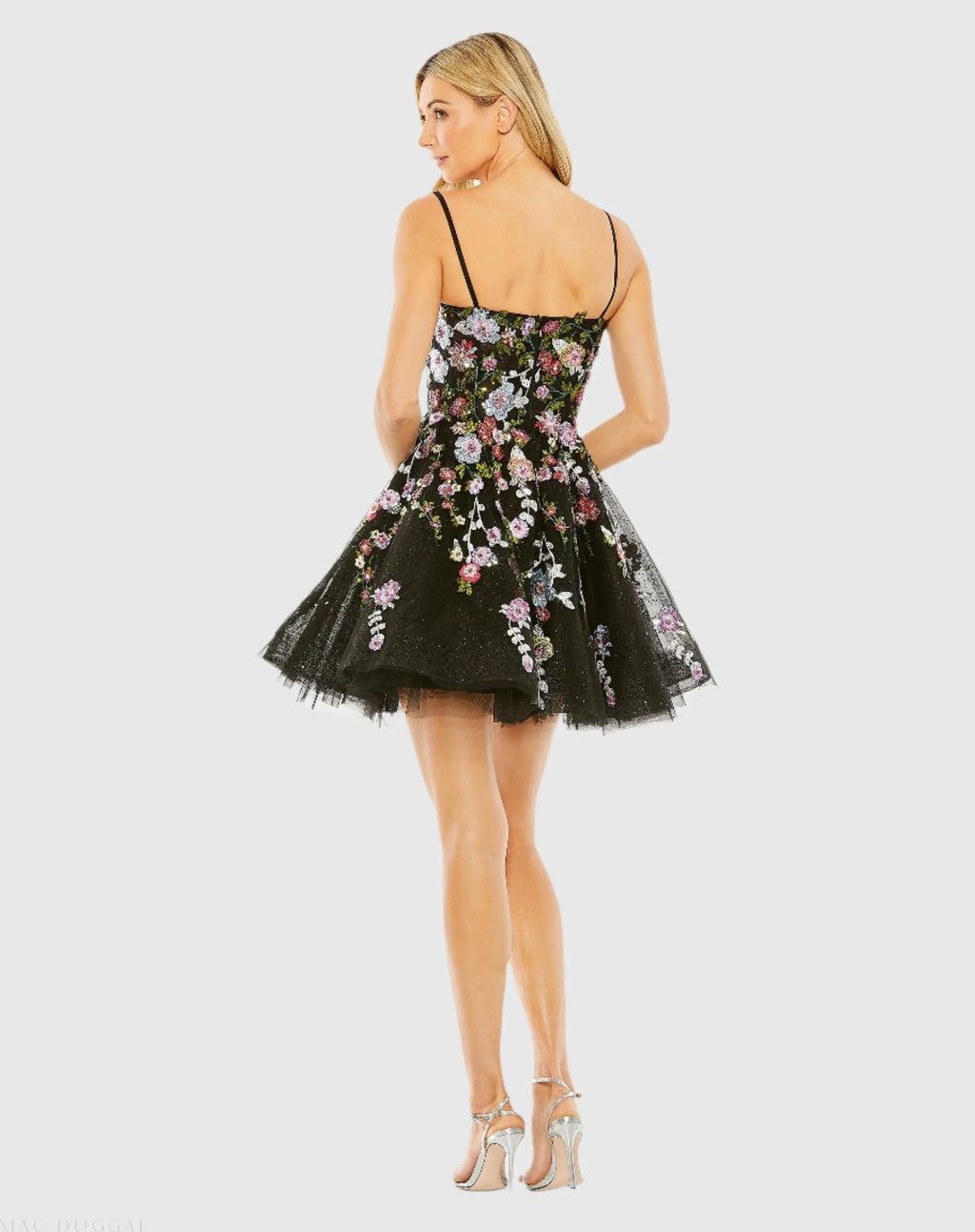 Black Thin Strap Floral Embroidered Mini Dress