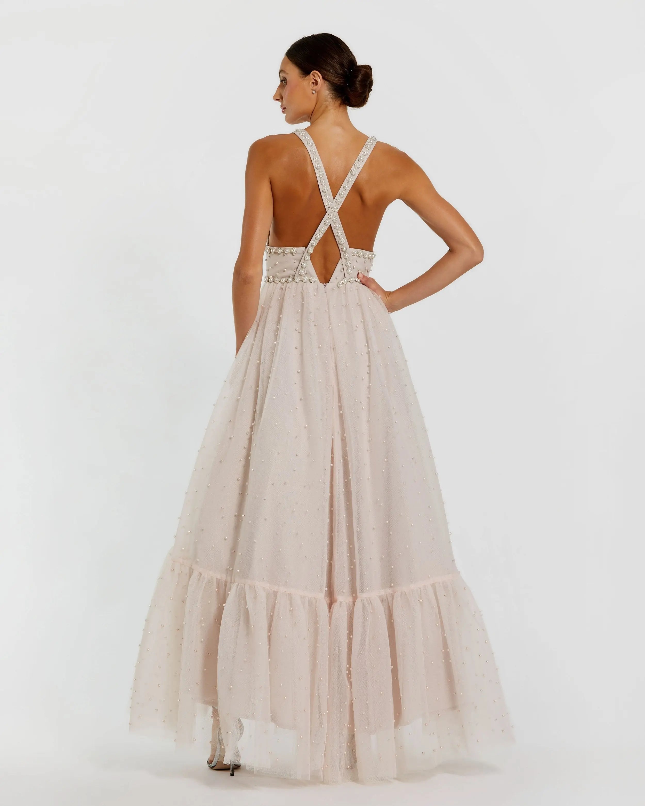 Light Pink Pearl Beaded High Low Gown