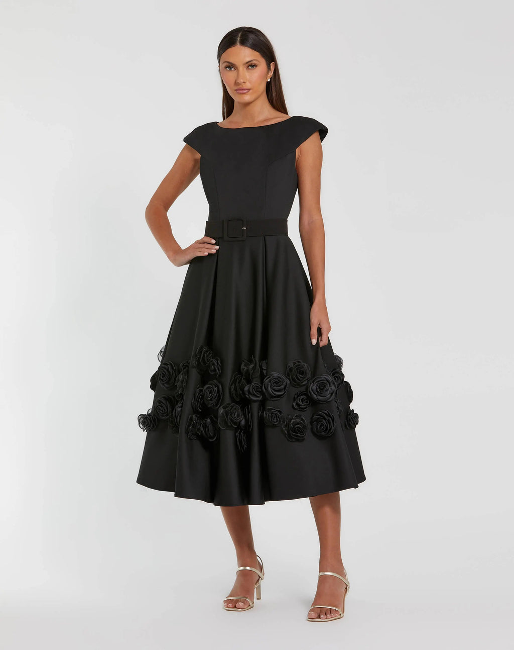 Black Satin Cap Sleeve A Line Midi Dress With 3D Flowers