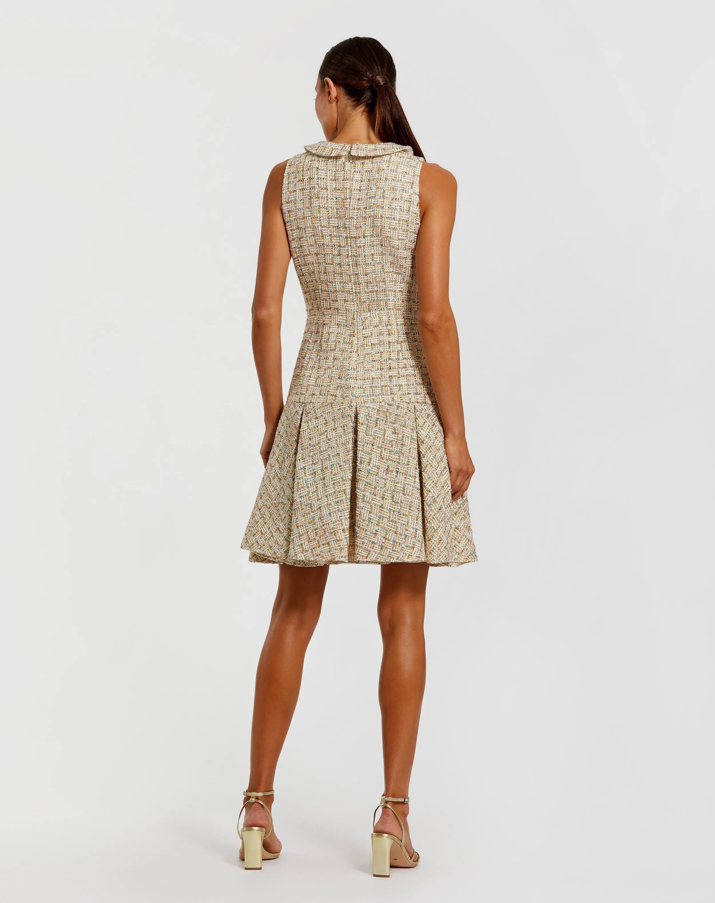 Gold Sleeveless Boucle Mini Dress with Pleats