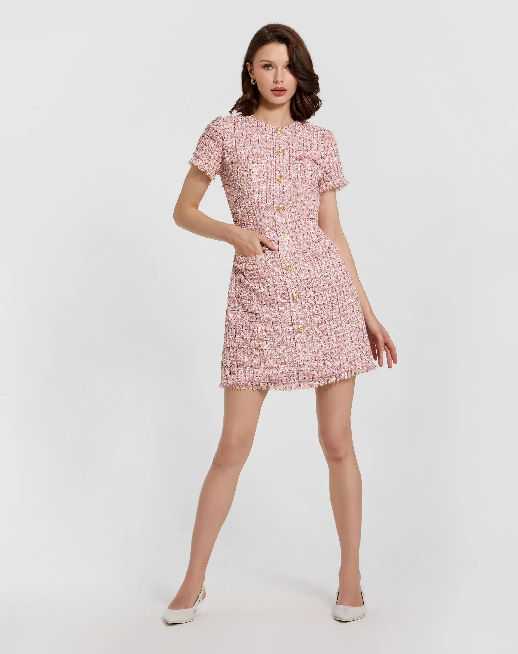 Boucle Short Sleeve Mini Dress With Pockets