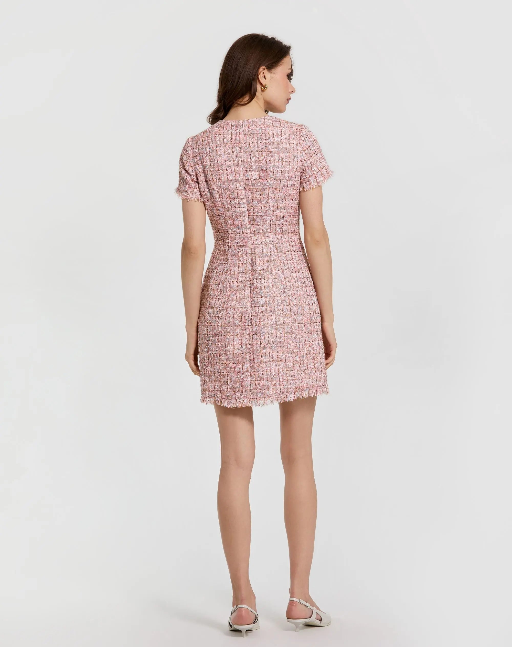 Pink Boucle Short Sleeve Mini Dress With Pockets