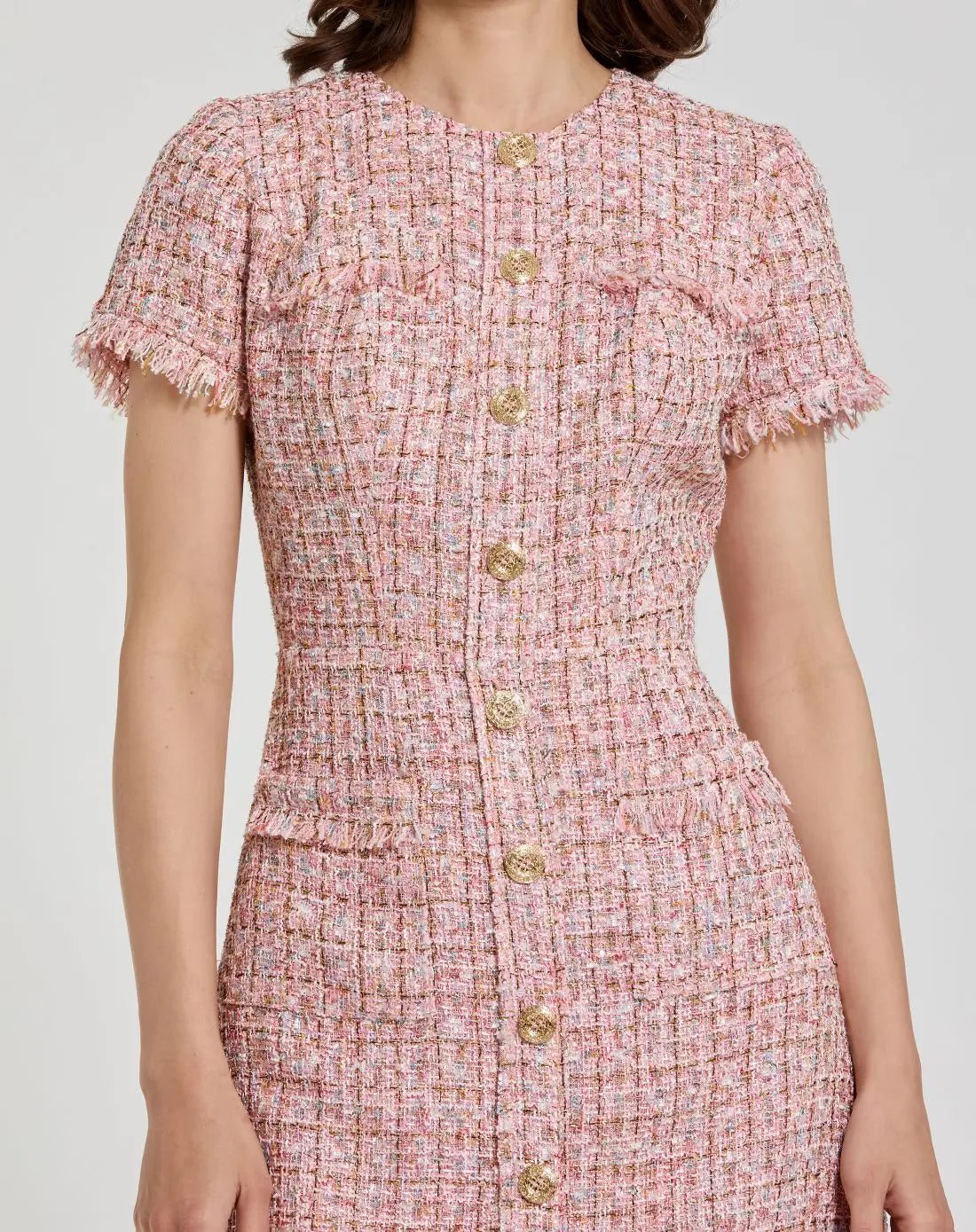 Pink Boucle Short Sleeve Mini Dress With Pockets
