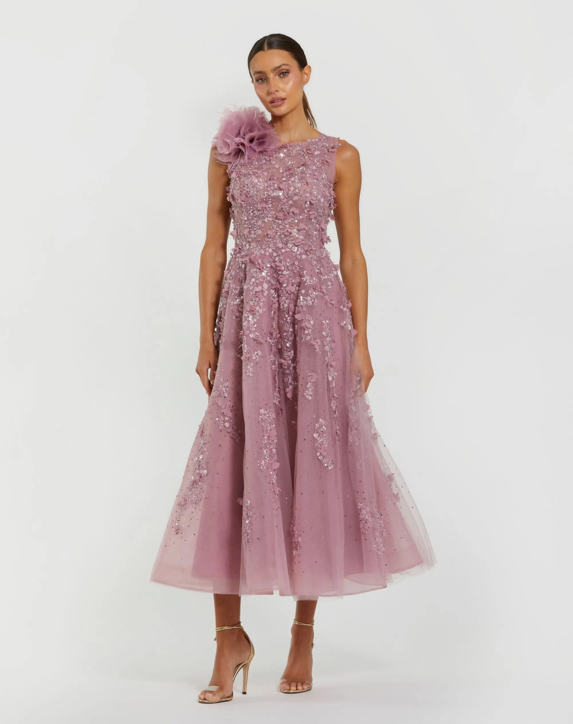 Purple High Neck Embellished Midi Dress with 3D Flower