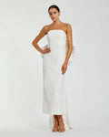White Strapless Satin Sheath Dress with Bow