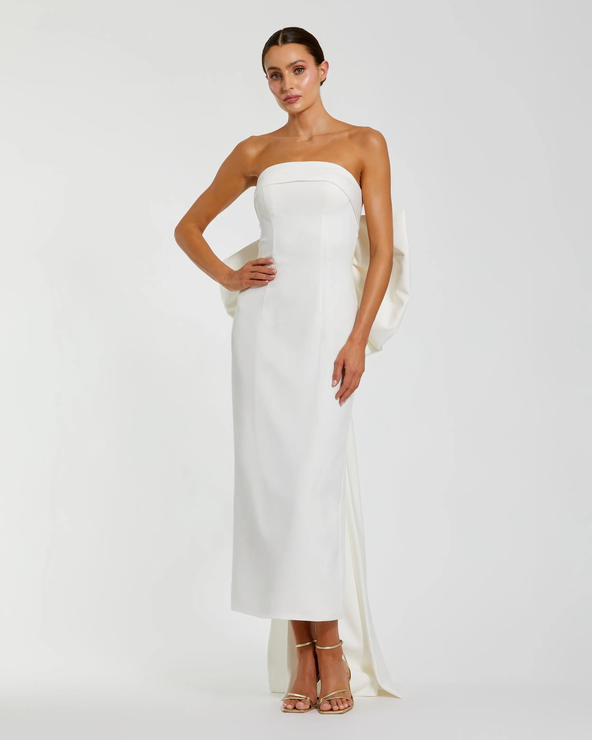 White Strapless Satin Sheath Dress with Bow