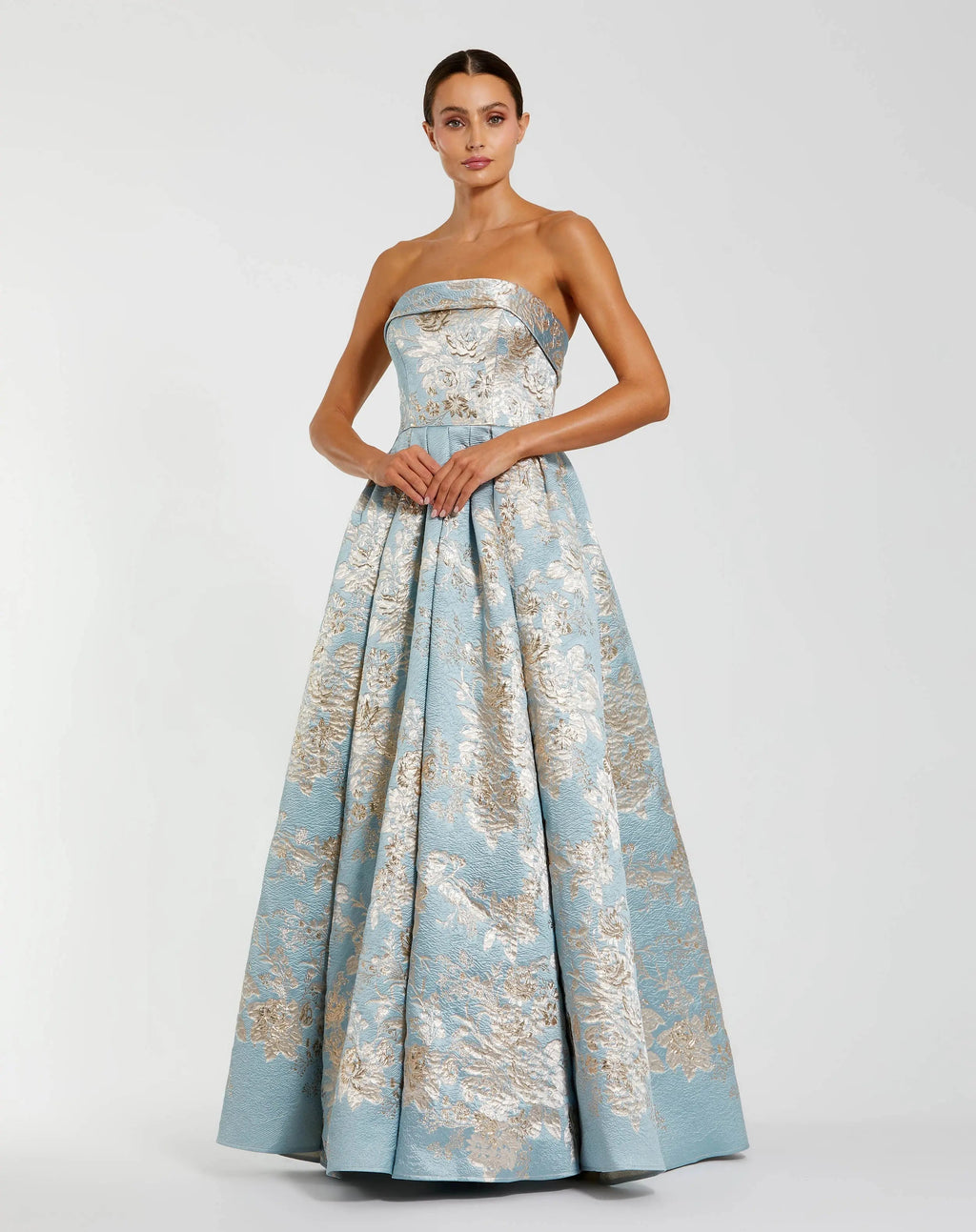 Blue Strapless Brocade Ball Gown with Pockets