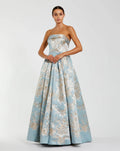Blue Strapless Brocade Ball Gown with Pockets