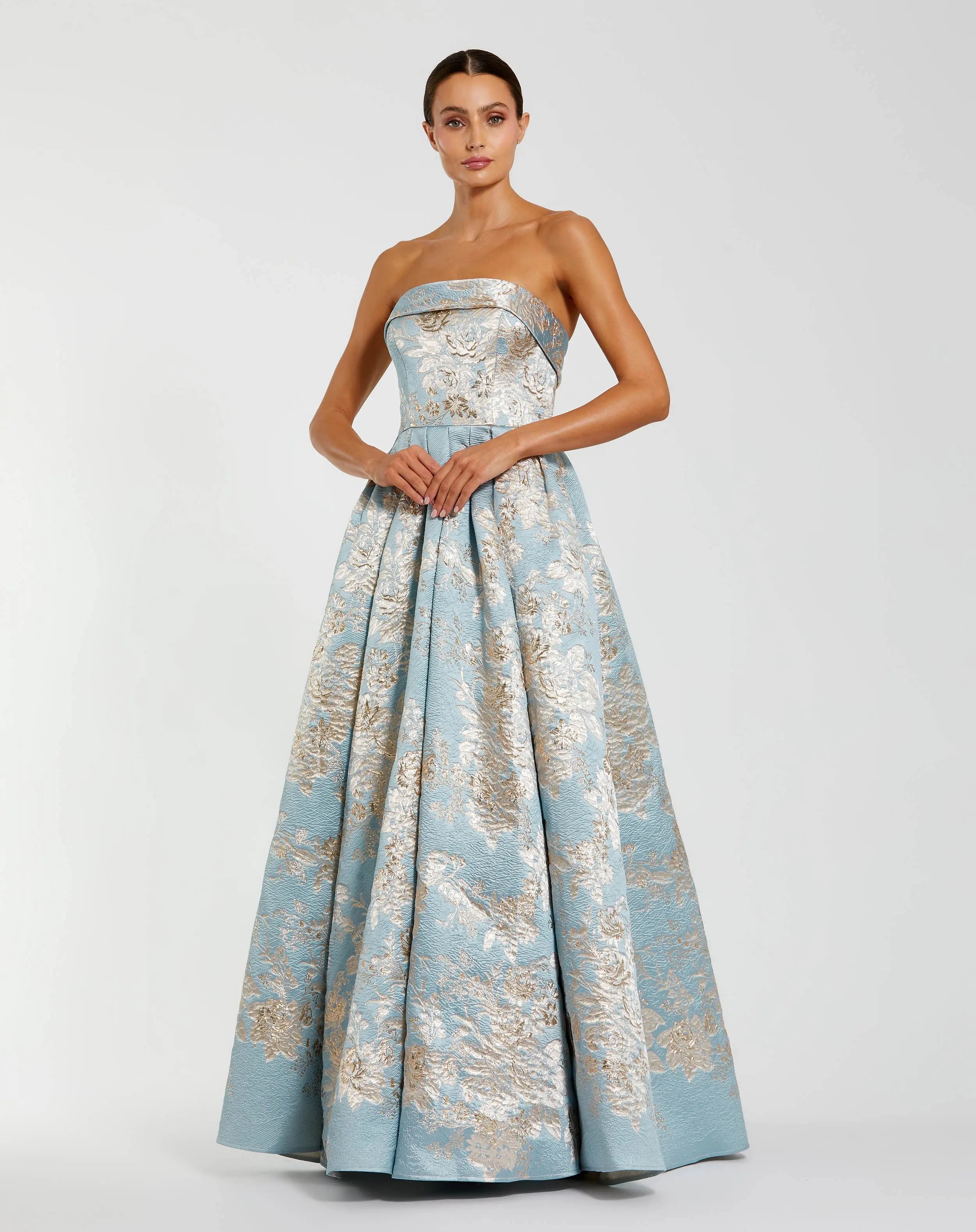 Blue Strapless Brocade Ball Gown with Pockets