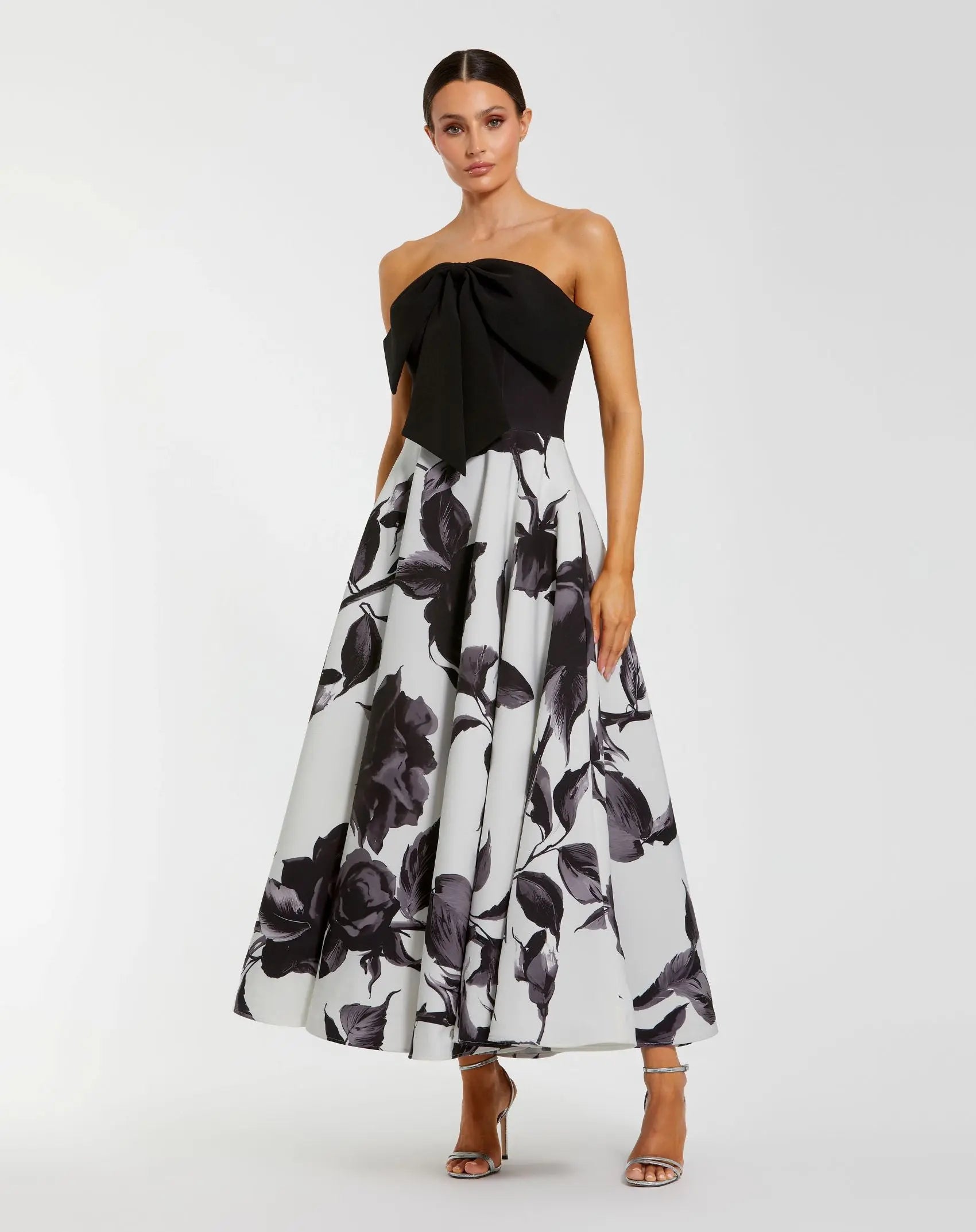 Black and Gray Floral Strapless Midi Dress With Bow