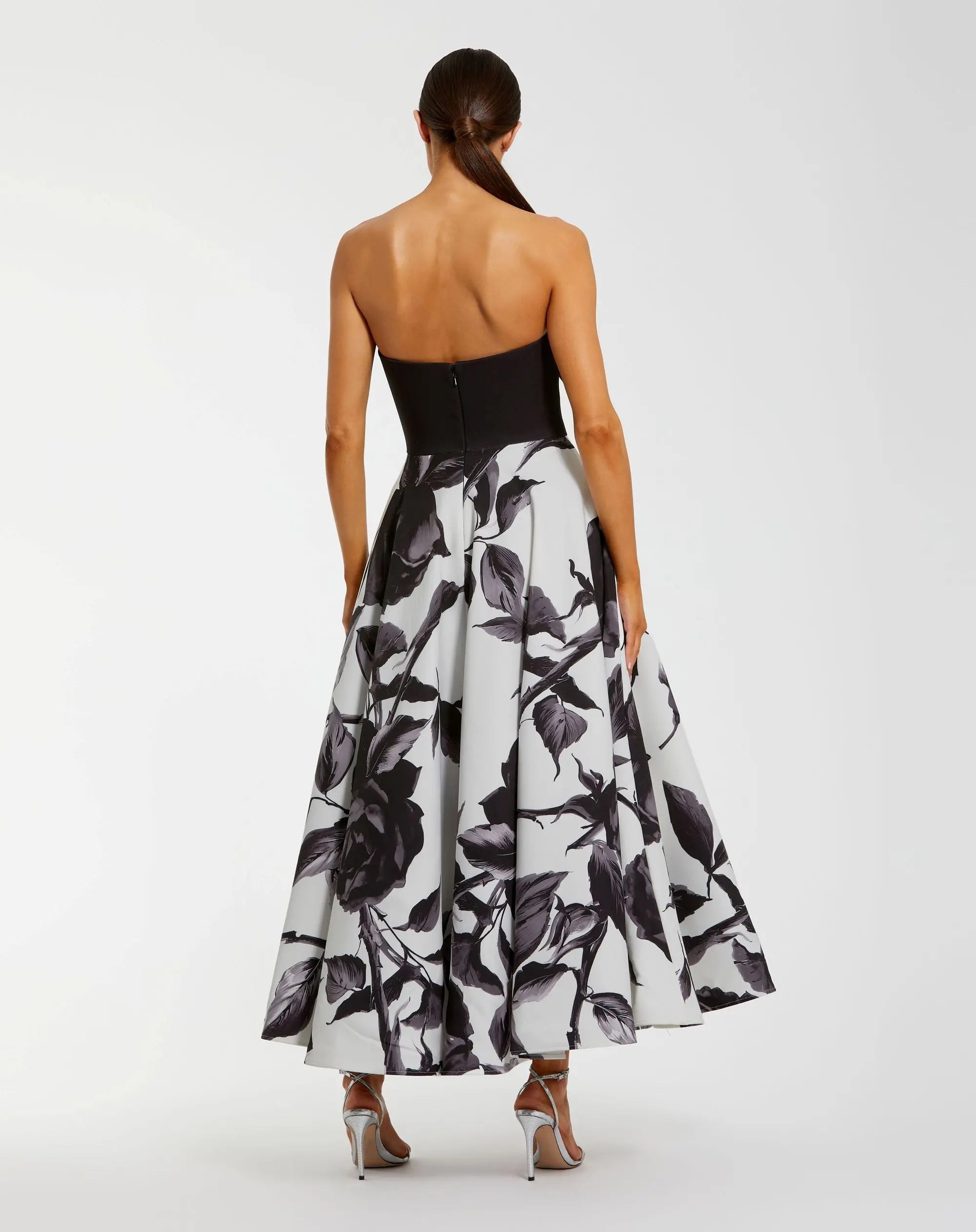 Black and Gray Floral Strapless Midi Dress With Bow