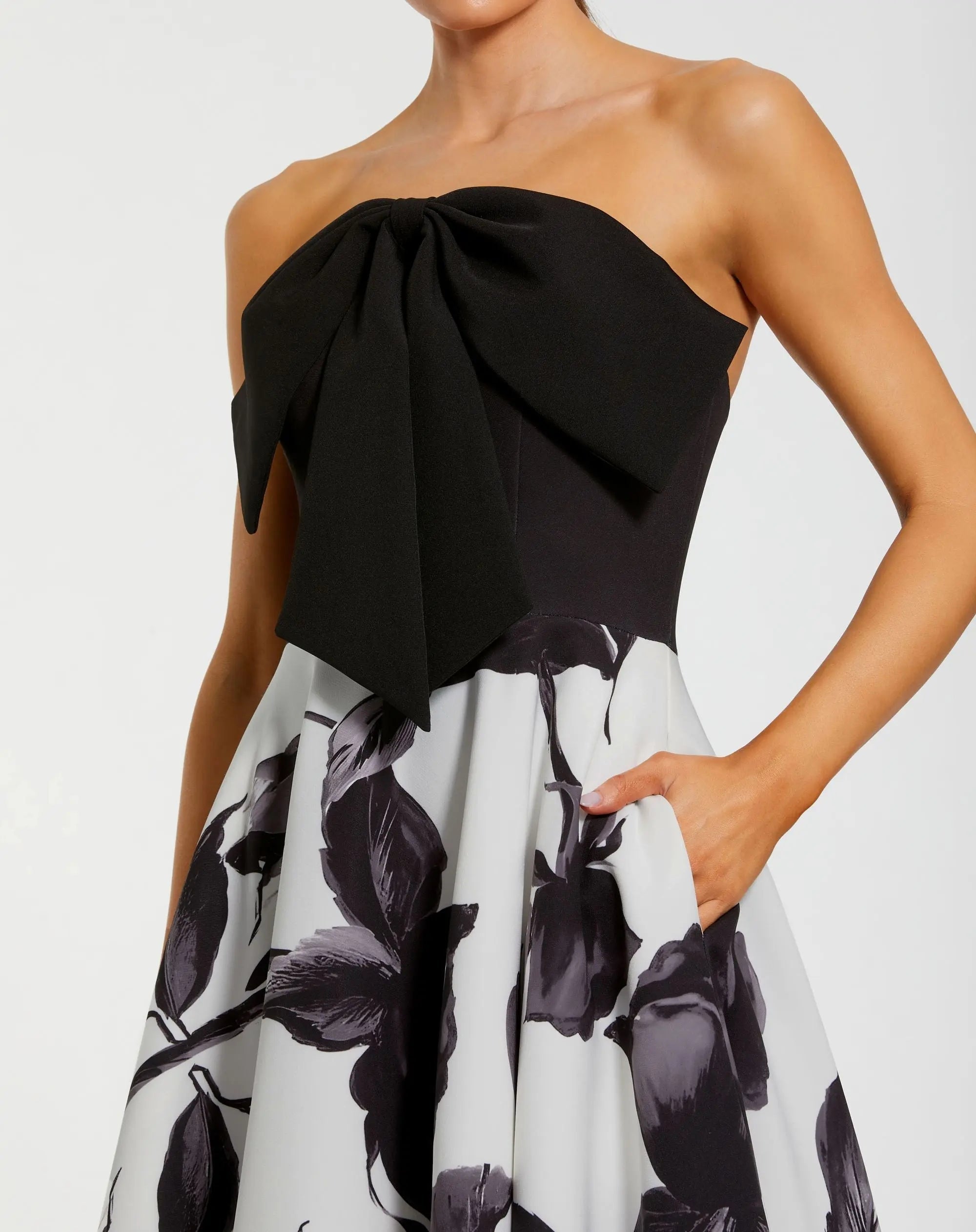 Black and Gray Floral Strapless Midi Dress With Bow