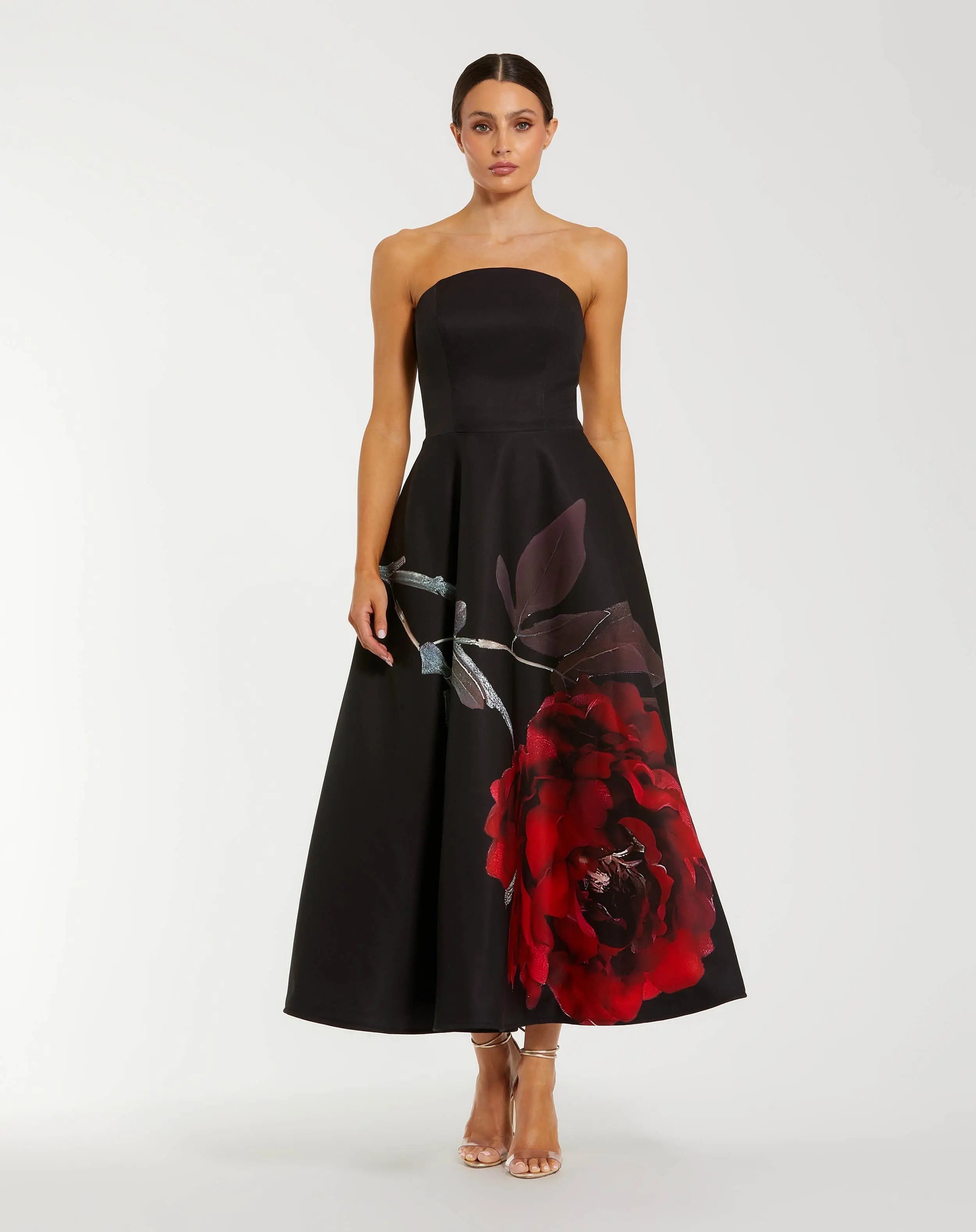 Black Crepe Printed Strapless Midi Dress With Pockets