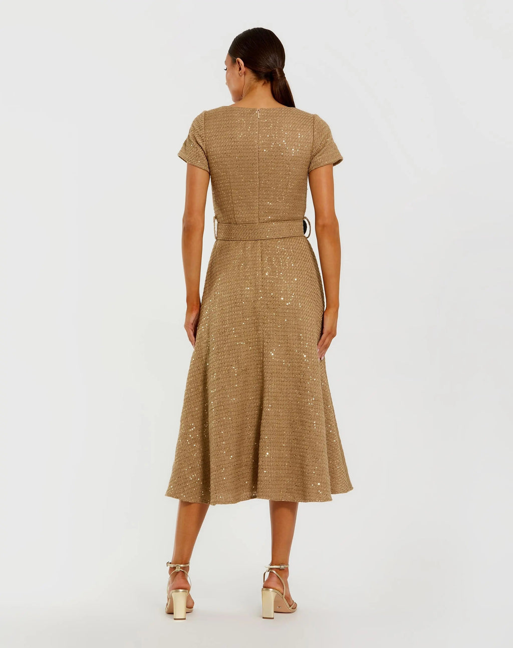 Gold Boucle Cap Sleeve High Neck Button Up Midi Dress