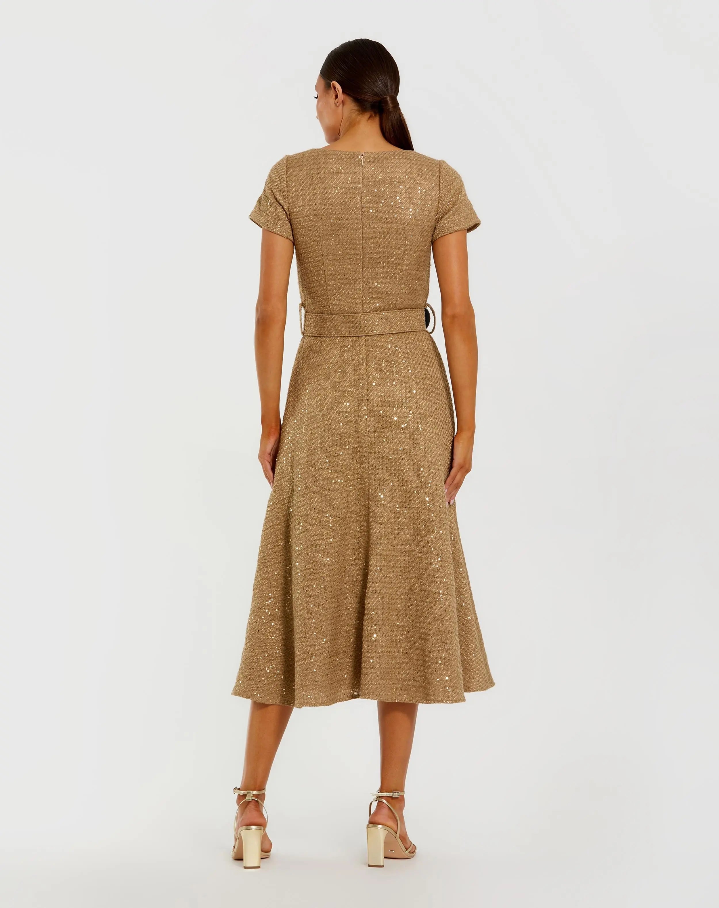 Gold Boucle Cap Sleeve High Neck Button Up Midi Dress