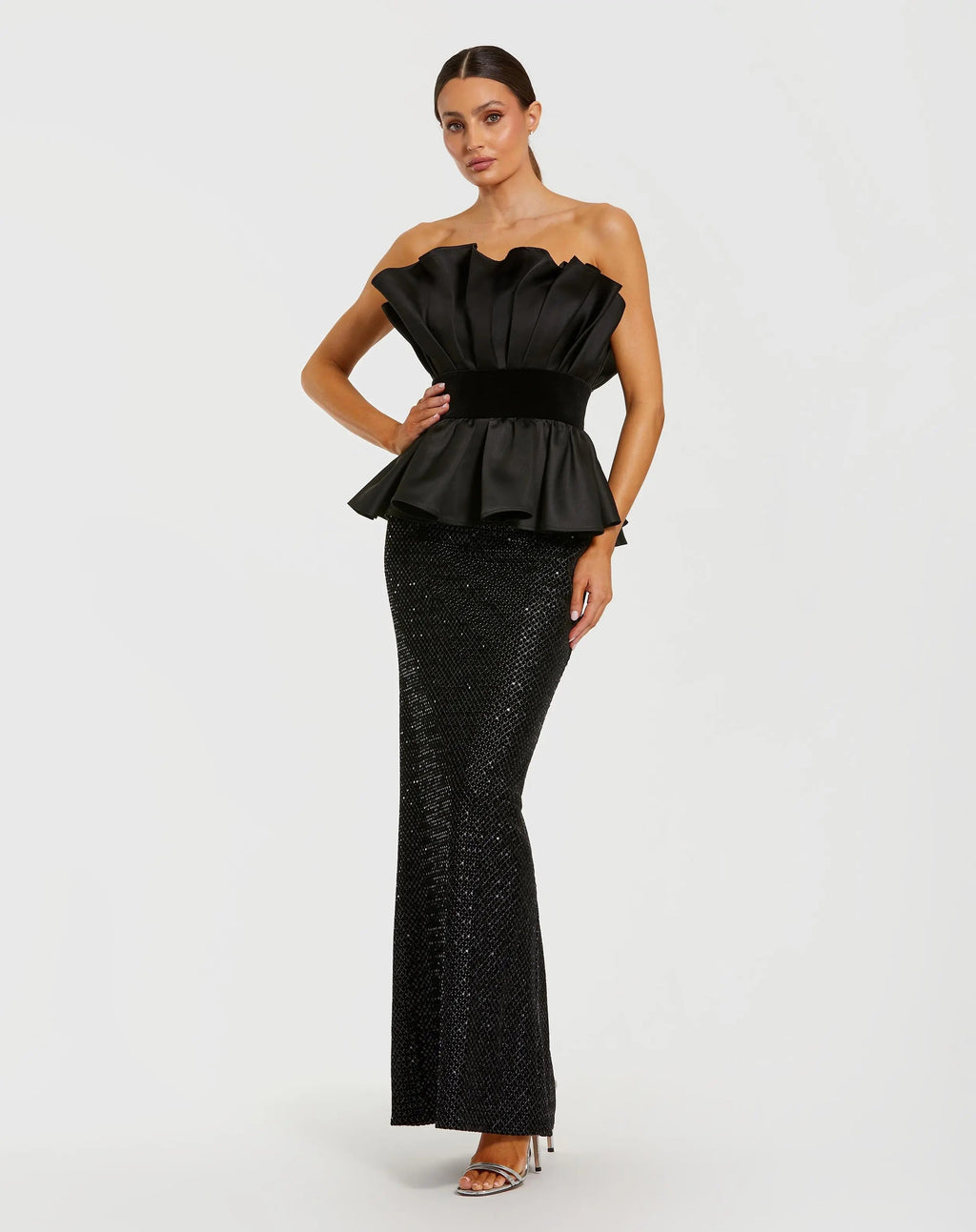 Black Strapless Satin Peplum Sequin Column Gown