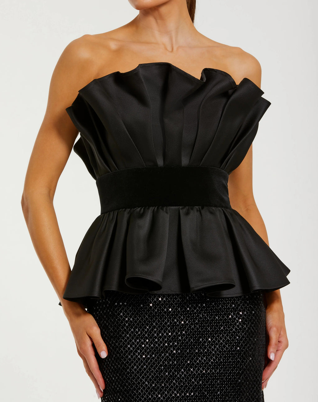Black Strapless Satin Peplum Sequin Column Gown