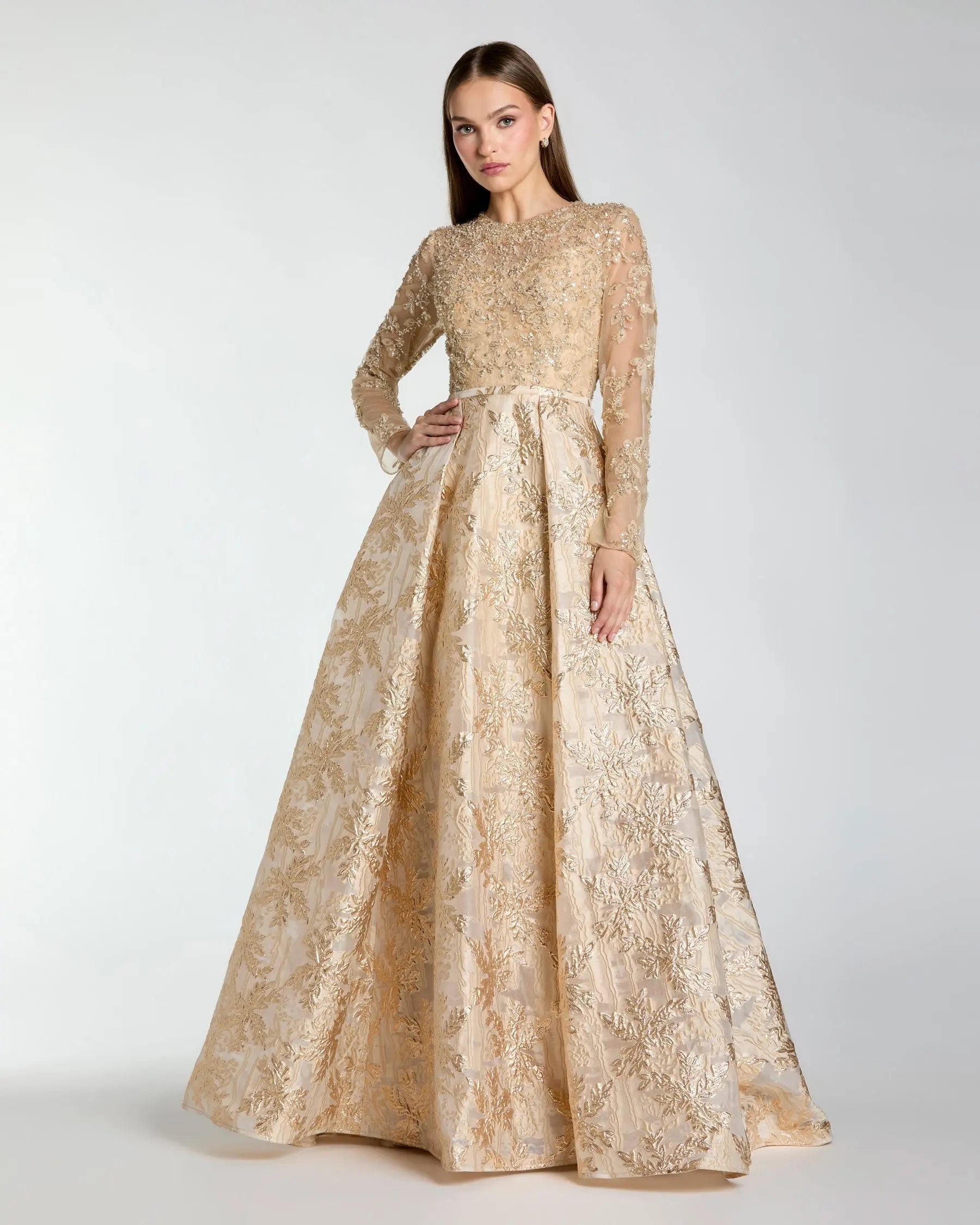 Light Gold Long Sleeve Beaded Brocade Skirt Ball Gown