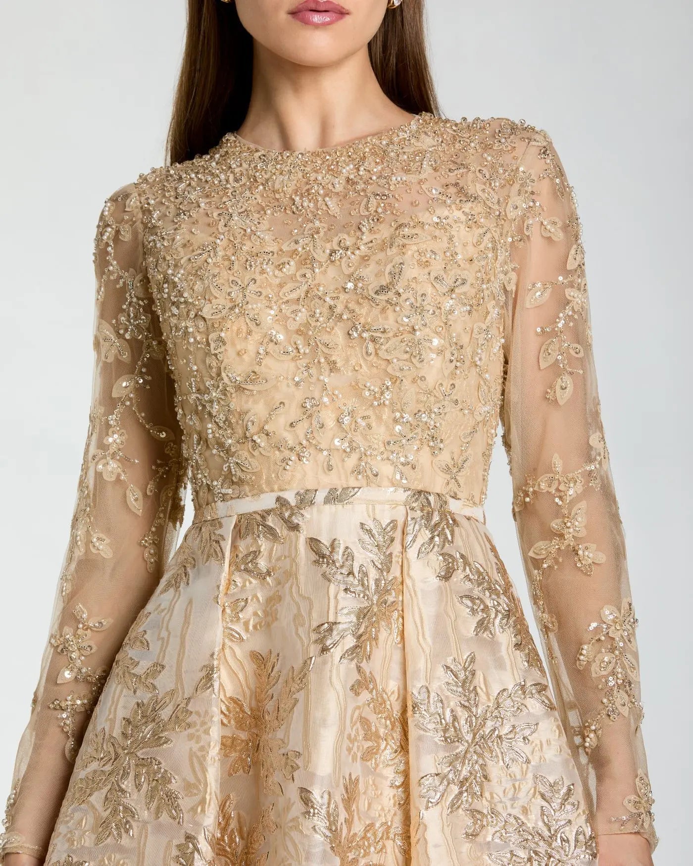Light Gold Long Sleeve Beaded Brocade Skirt Ball Gown